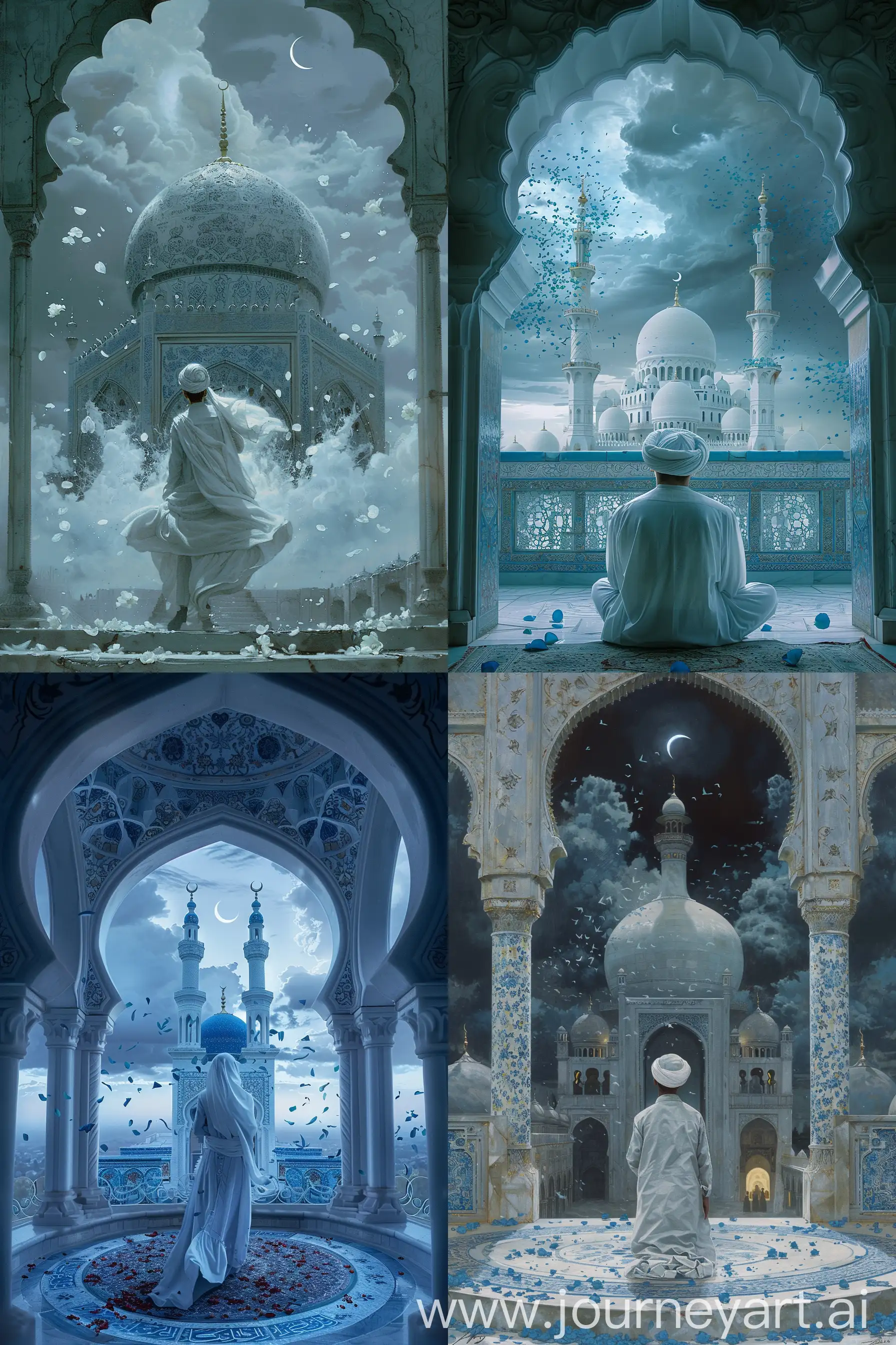back of a young British whirling dervish performing sufi sema, wearing white clothes and tall cylindrical hat, inside a white porcelain large round balcony surrounded by tall arches decorated with blue persian floral motifs, blue rose petals flying, view of a huge white blue decorated porcelain dome and minaret with golden finial amidst fierce dark greyish clouds in background, dark grey night sky with dark grey clouds, crescent in the sky, winter wheather, blue white grey composition Illustrated painting, in style of Enchanting art of storybook style --ar 2:3 --s 200