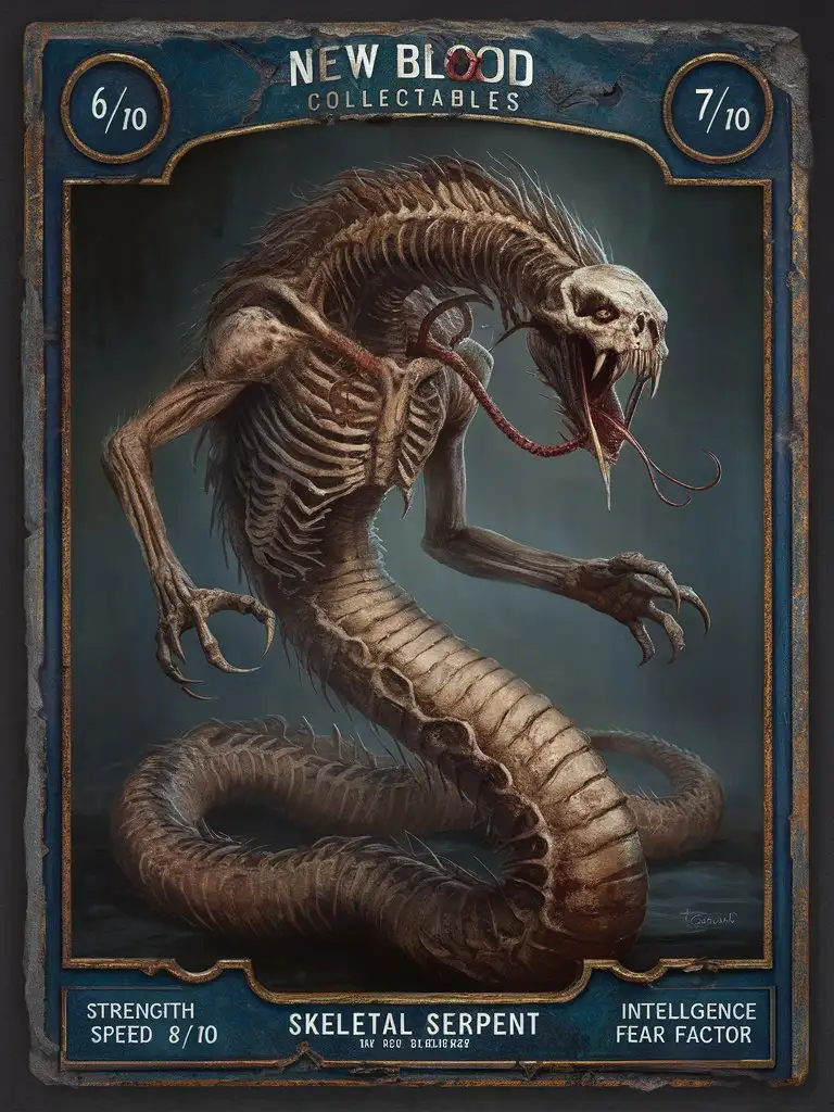 A corroded and discolored 'New Blood Collectables' 'Skeletal Serpent' card bearing a Skeletal Serpent is a serpentine monstrosity composed of bones and sinew. With its venomous bite and constricting coils, it ensnares its prey before delivering a fatal strike.'Strength: 6/10''Speed: 8/10''Intelligence: 7/10''Fear Factor: 7/10'