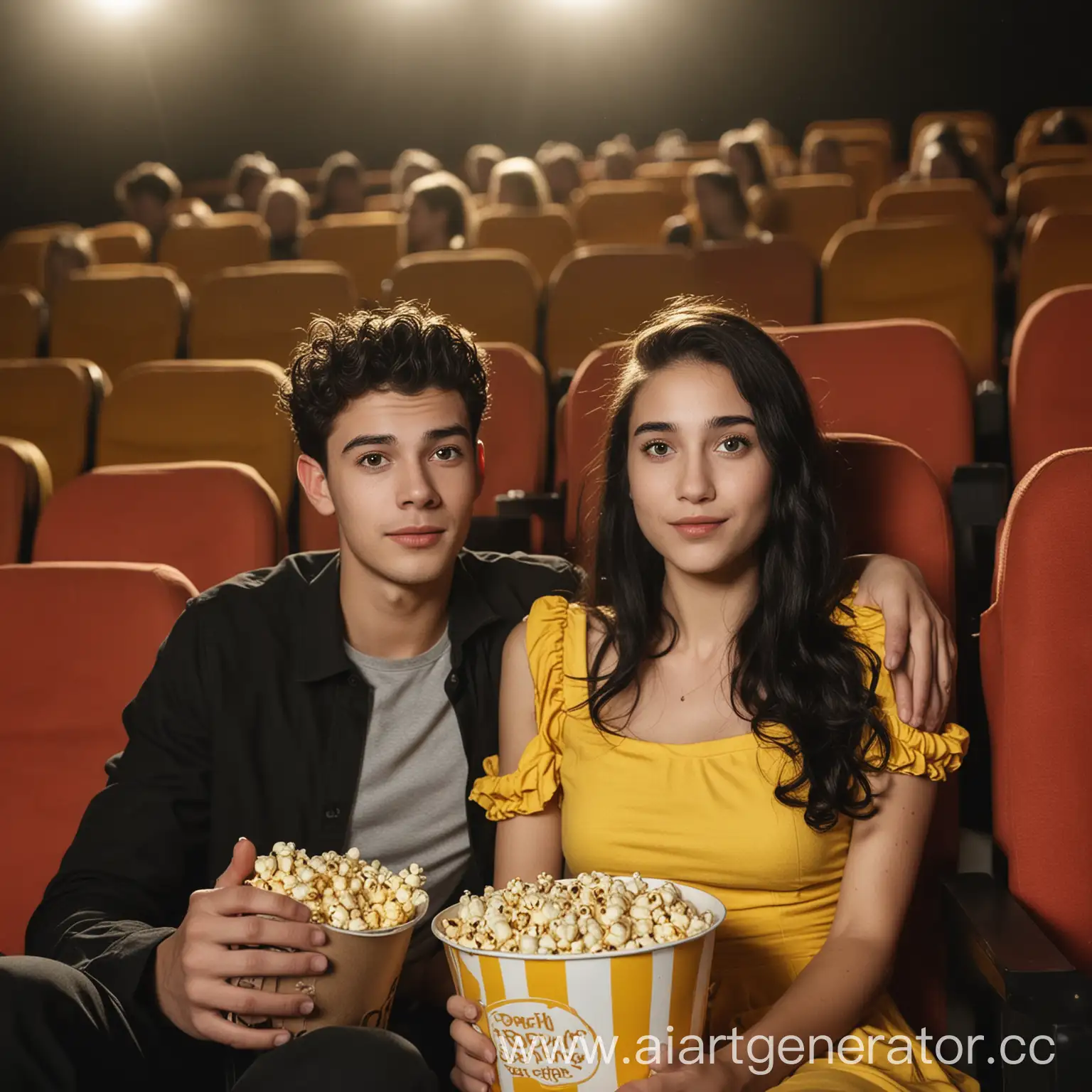 Реальная фотография. Молодой мужчина 25 лет и девушка 23 года сидят в кинотеатре.  С попкорном. На девушке жёлтое платье и жёлтый ободок в волосах. У нее длинные чёрные волосы.