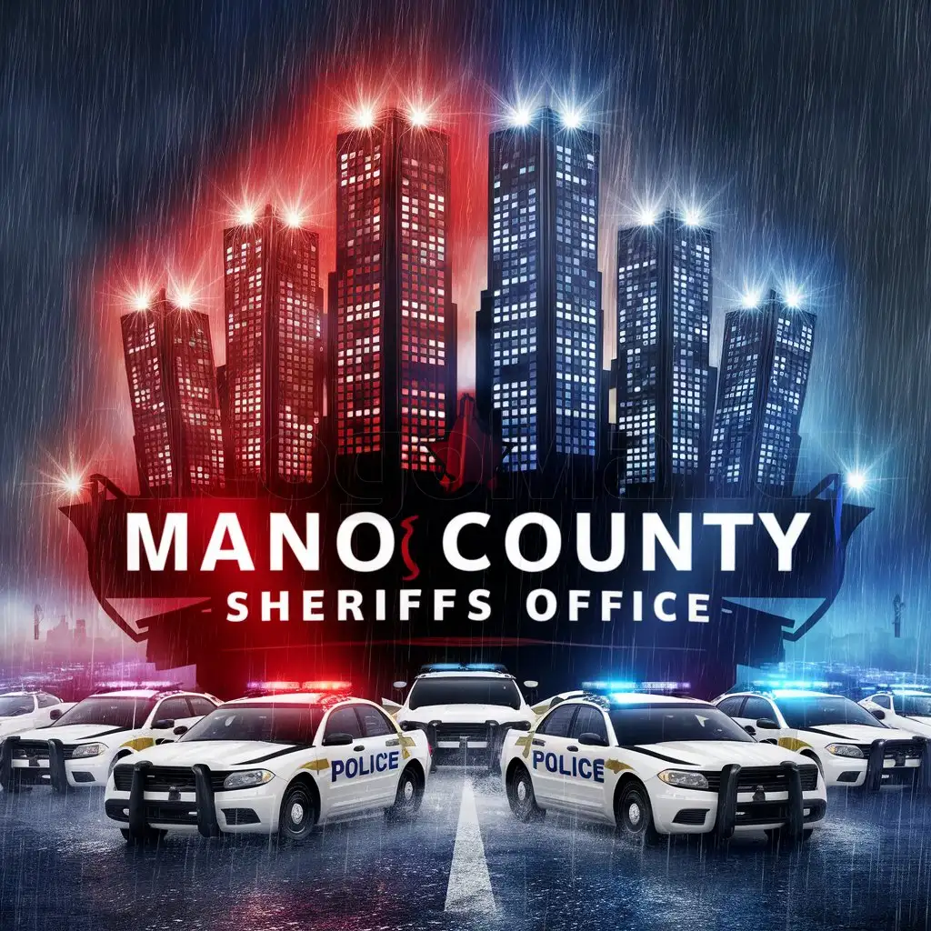 a logo design,with the text "Mano County Sheriffs Office", main symbol:Skycrapers flashing red and blue lights with police cars around it and with rain pouring down from the sky,Moderate,clear background