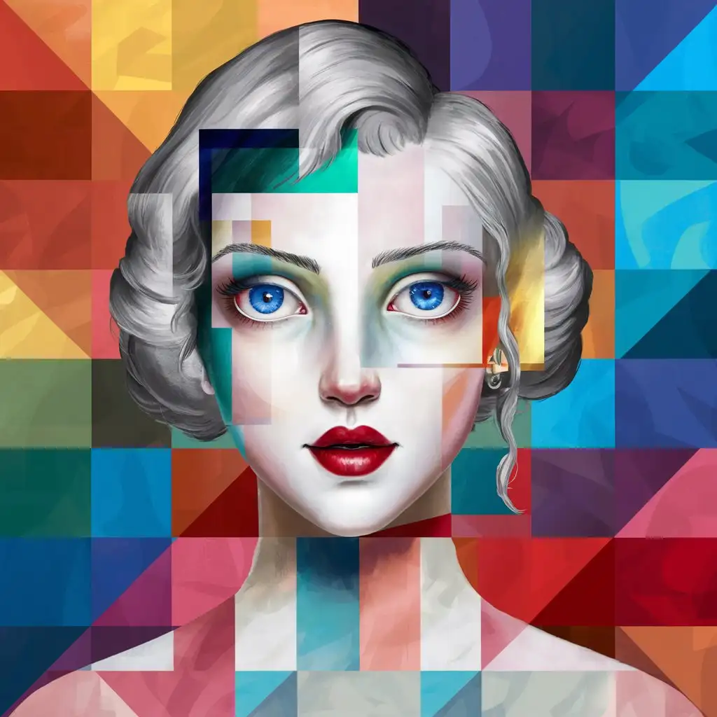 A stylized portrait of a female figure. She has striking blue eyes, red lips, and a pale complexion. Her face is divided into geometric patterns, with each section having a unique color palette. The background consists of a mosaic of rectangles, squares, and triangles, all in a variety of colors. The overall composition gives an impression of a fusion between modern art and classical portrait.