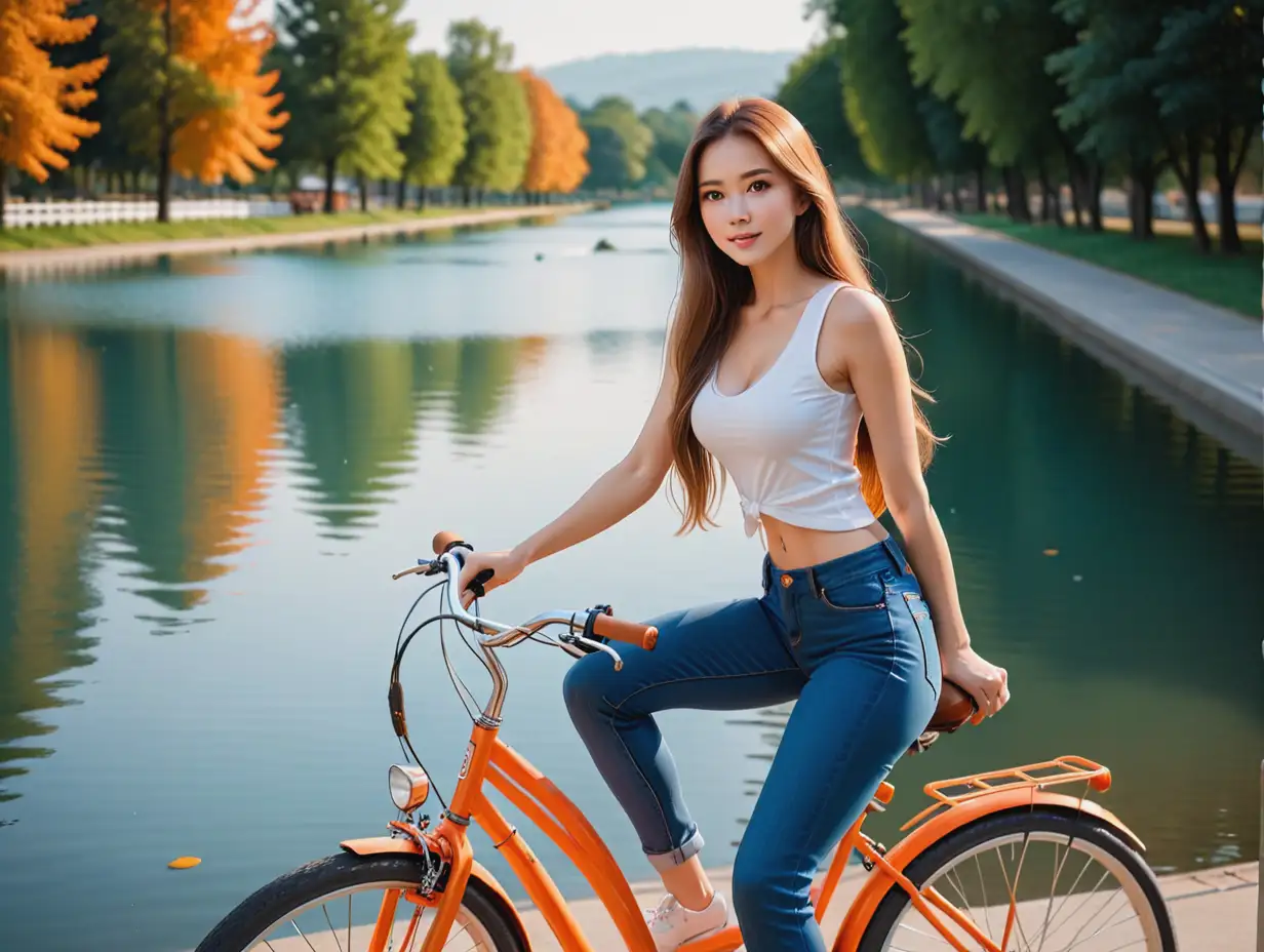 湖边，美女，长发，白衬衫，穿着蓝色牛仔裤，骑着橙色的自行车，中景，全身，高清

