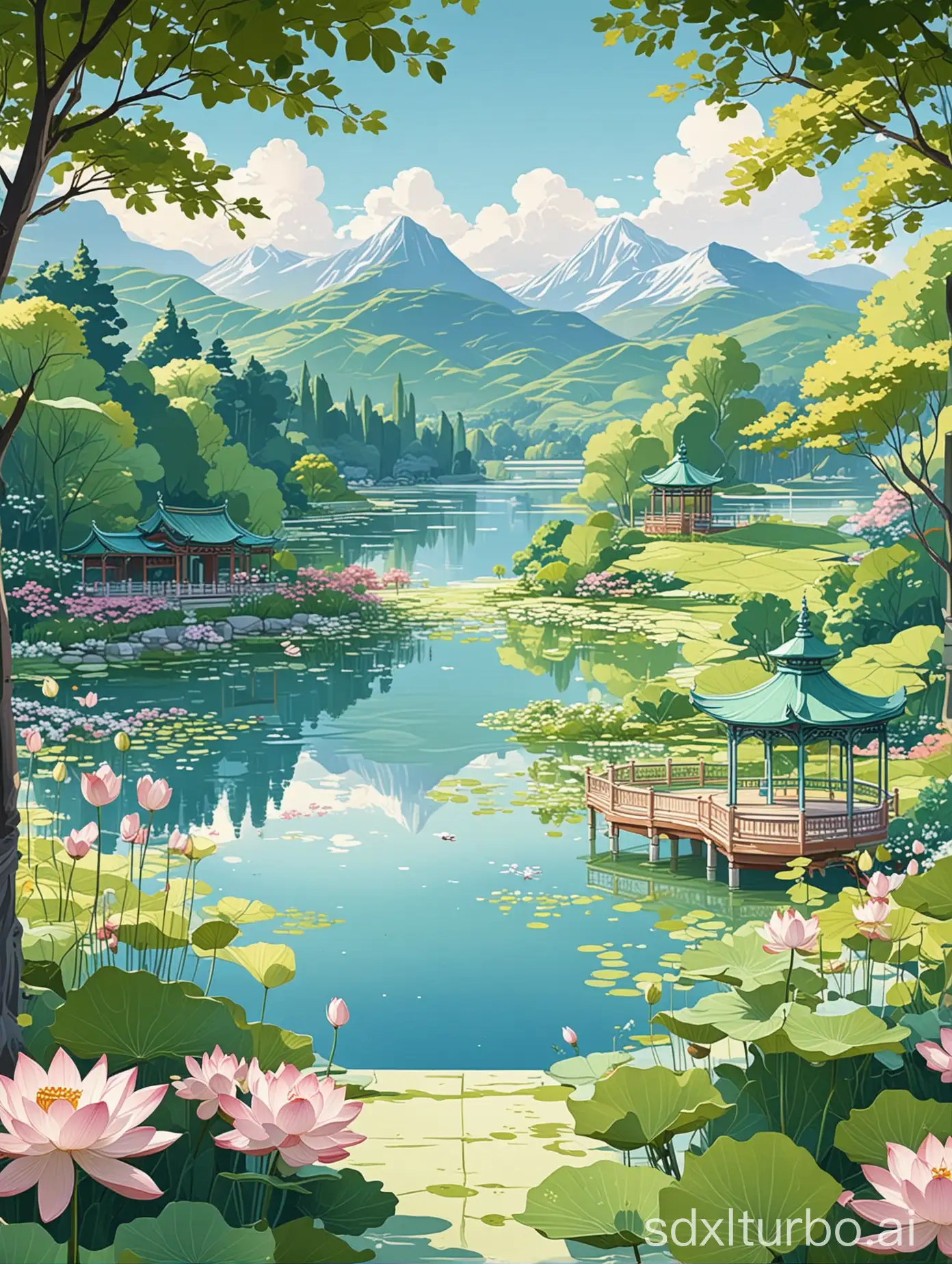 Flat illustration, spring scenery, pavilion by the lake, blue sky and white clouds, light green mountains in the distance, lotus leaves on top of the gazebo, vector line style, simple color blocks, children's picture book illustrations, colorful cartoon characters, high definition details, 48k HD quality, high resolution.