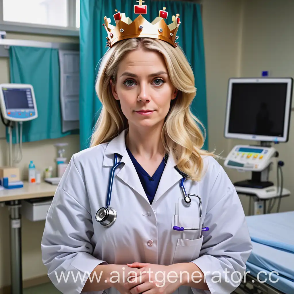 a portrait of a female doctor, weighing about 70 kg, shoulder-length blonde hair, she sits in her work uniform in the hospital, looks into the camera with a crown on her head, and there are many gifts around her.