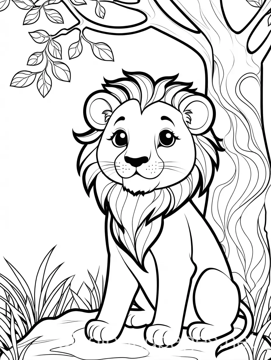 cute happy lion, laying under tree toddler, 
, Coloring Page, black and white, line art, white background, Simplicity, Ample White Space. The background of the coloring page is plain white to make it easy for young children to color within the lines. The outlines of all the subjects are easy to distinguish, making it simple for kids to color without too much difficulty