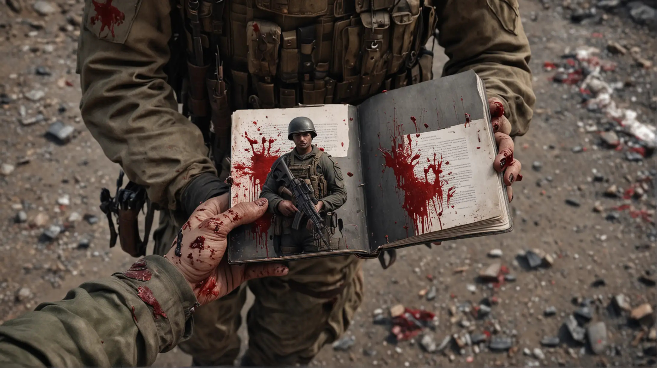 Soldier Holding BloodStained Book in FirstPerson POV