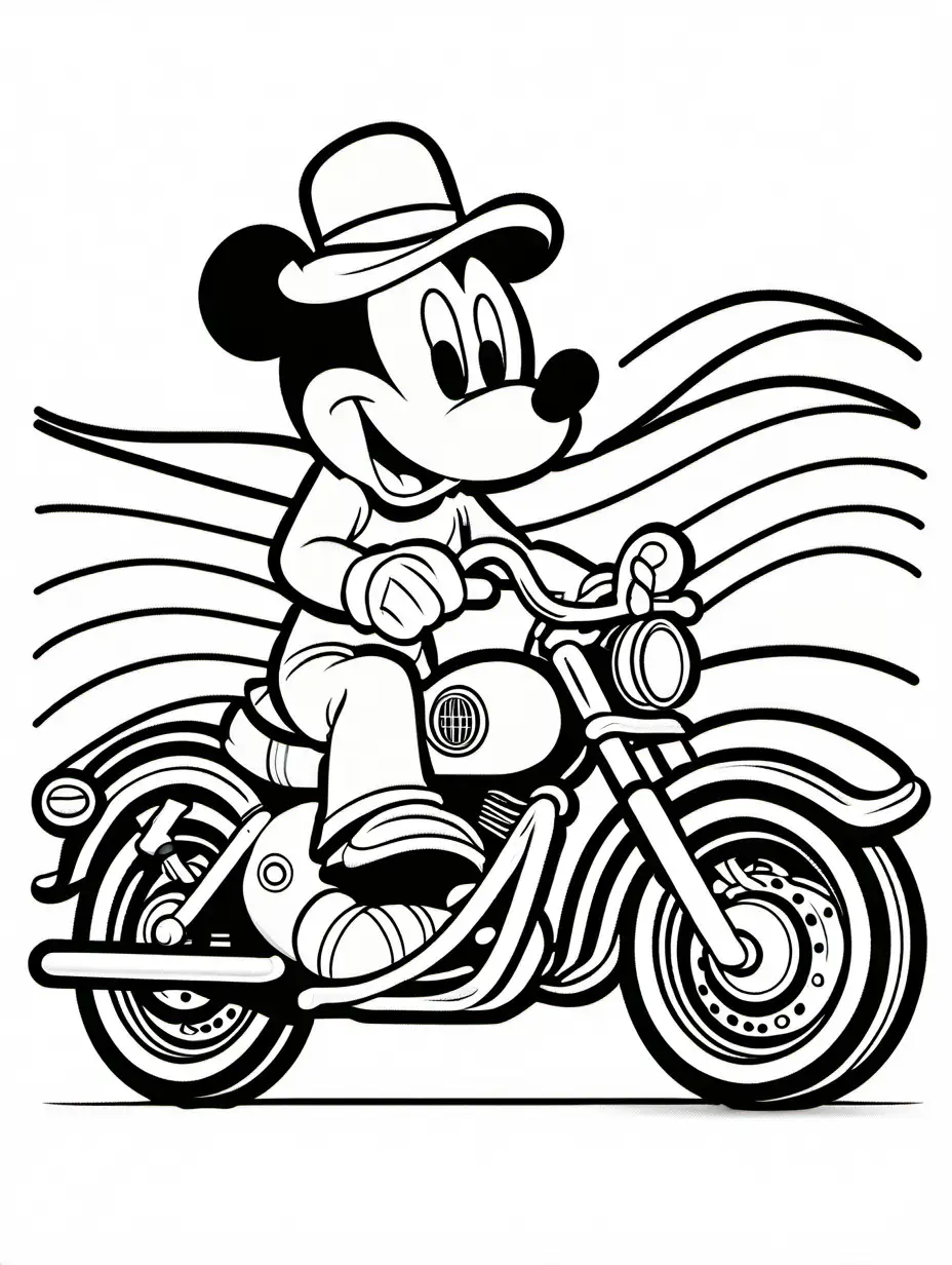 Mickey Moose, coloring page, black and white, riding a motorcycle, line art, white background, simplicity, wide white space. The background of the coloring page is plain white to make it easier for young children to color within the lines. The outlines of all the themes are easy to distinguish, making it easy for children to color them without much difficulty, Coloring Page, black and white, line art, white background, Simplicity, Ample White Space. The background of the coloring page is plain white to make it easy for young children to color within the lines. The outlines of all the subjects are easy to distinguish, making it simple for kids to color without too much difficulty