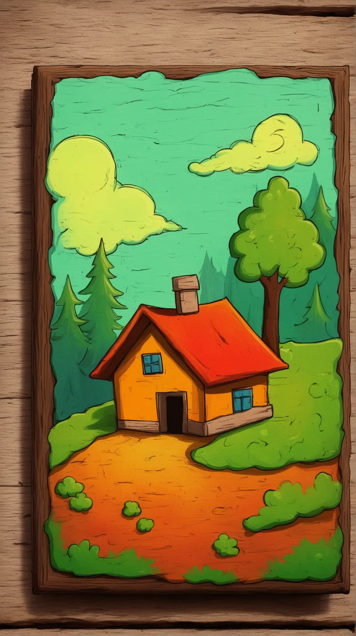 Colorful Cartoon Painting of a Rustic Scene