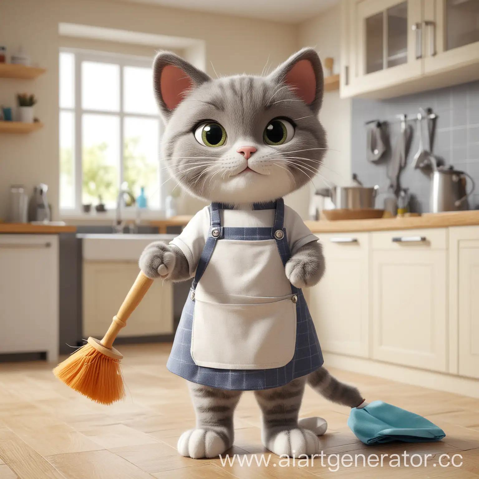 Cartoon-Cat-Housekeeper-Cleaning-Kitchen-with-Apron-and-Tools