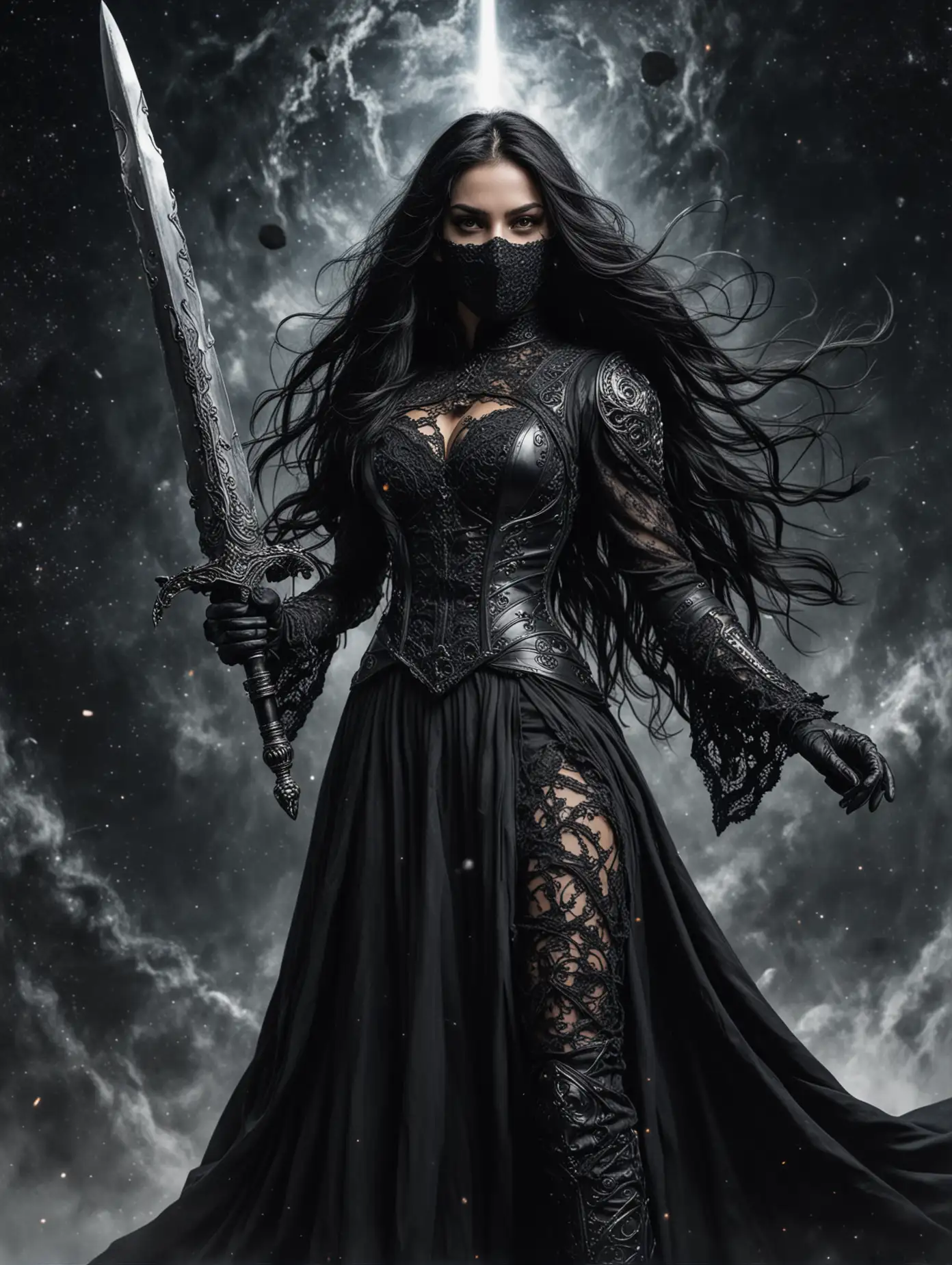 Mysterious-Military-Woman-with-Flowing-Black-Hair-and-Sword-in-Space