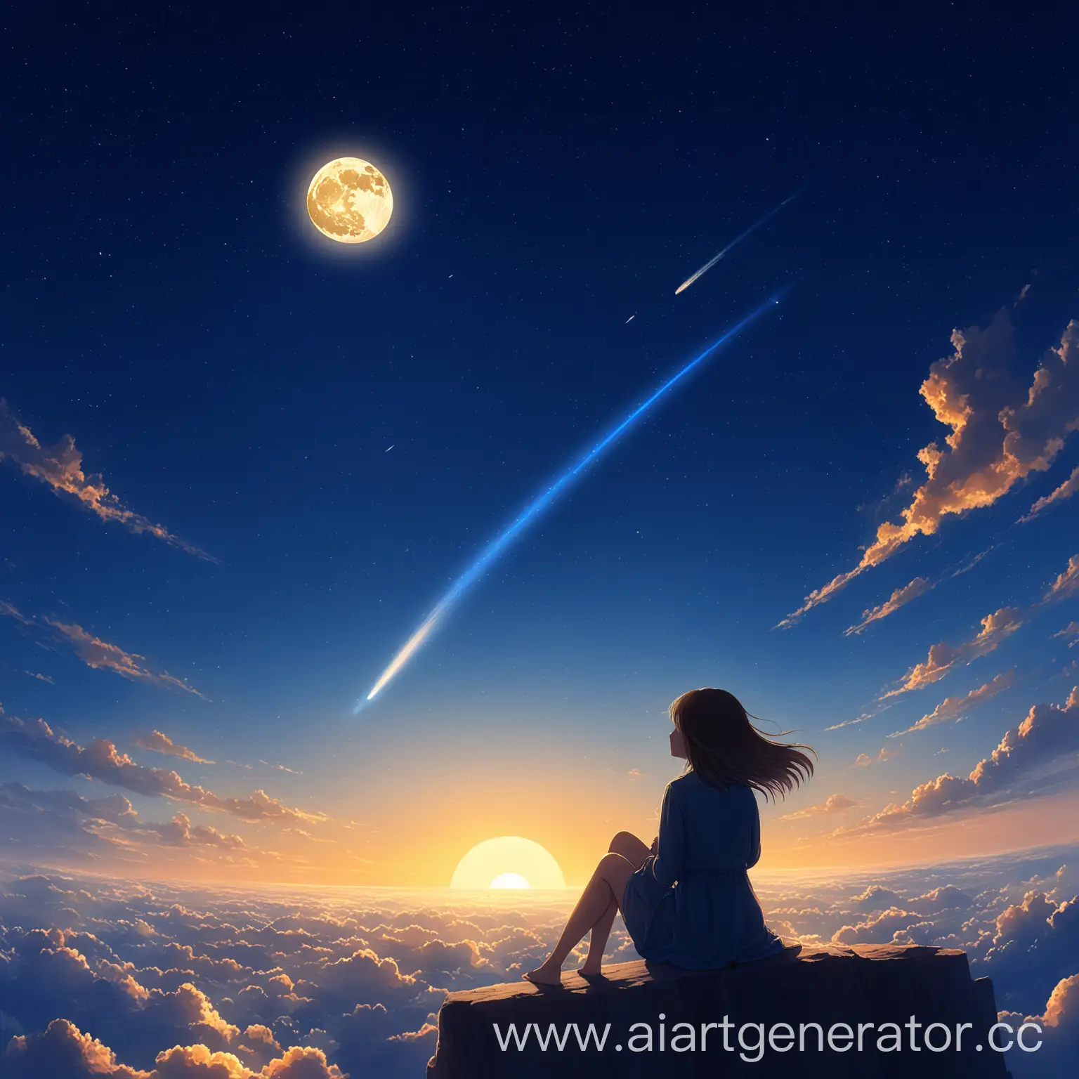 Рассвет в небе и видно луну и есть облака и пролетающая комета оставляющая за собой синий след и все это на фоне сидящей девушки