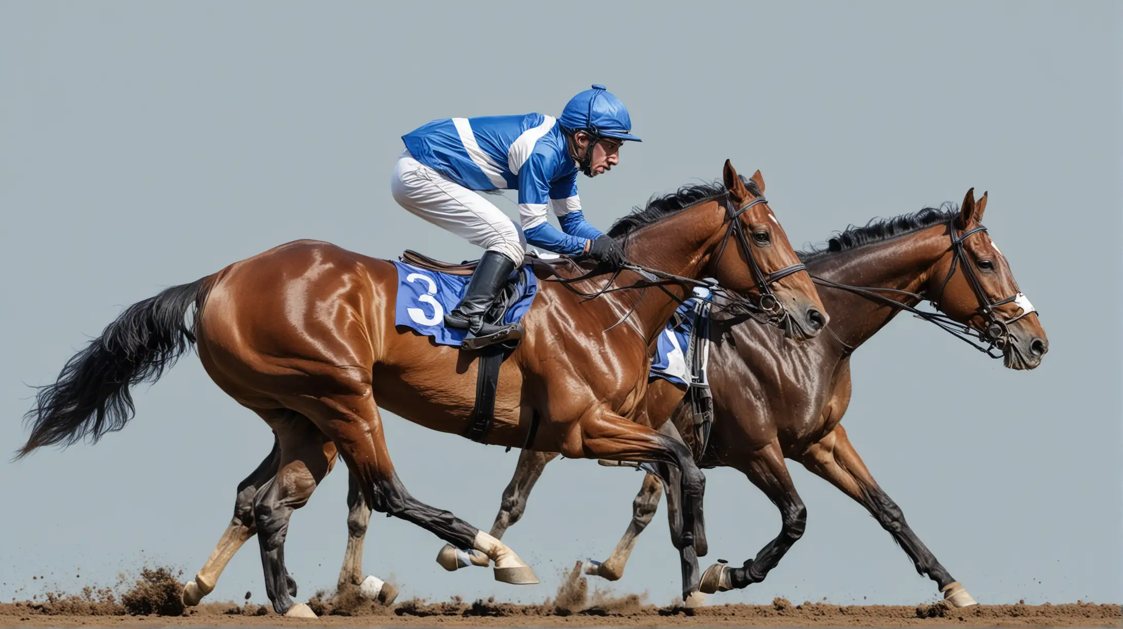 Racehorse with jockey at races. Isolated on a white background, blue jersey