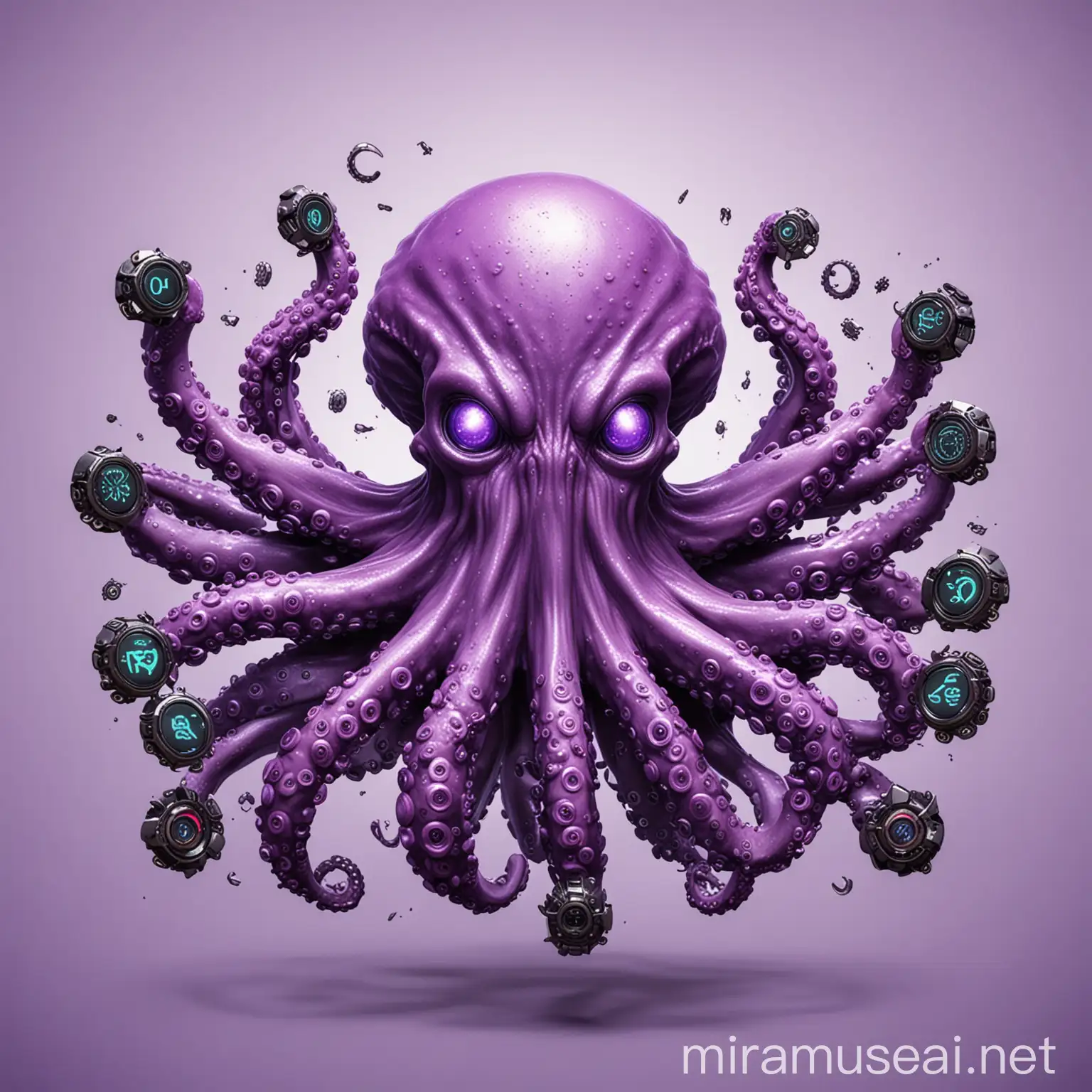 simple cybersecurity octopus points by its arms to items will be added, web design, ui ux, purple and black theme, features are above each arm, white background