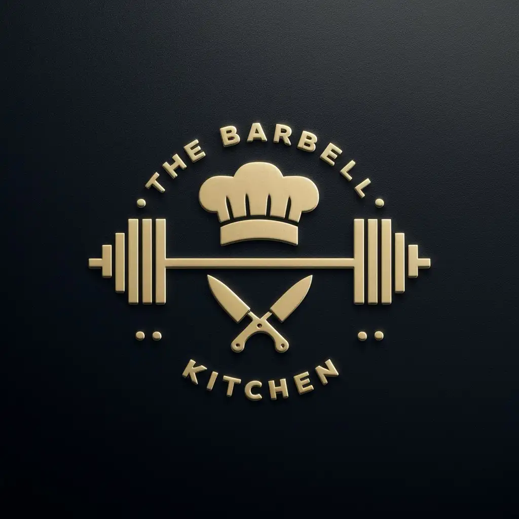 a logo design, with the text 'The Barbell Kitchen', main symbol: barbell, cooking hat, circular, black background, knives crossed under barbell, Moderate, to be used in the Sports Fitness industry, clear background