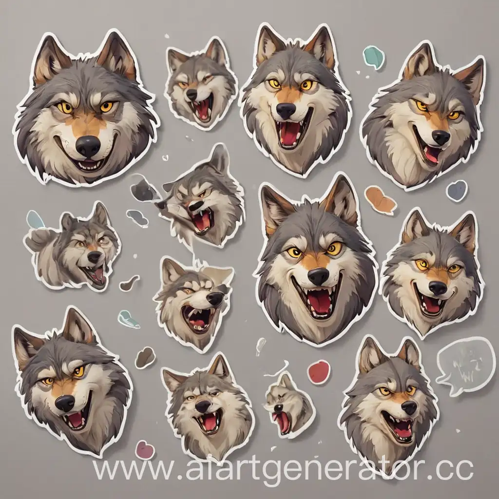 набор стикеров волков с  эмоциями позитив, негатив, удивление, грусть, злость, смех, смущение. 