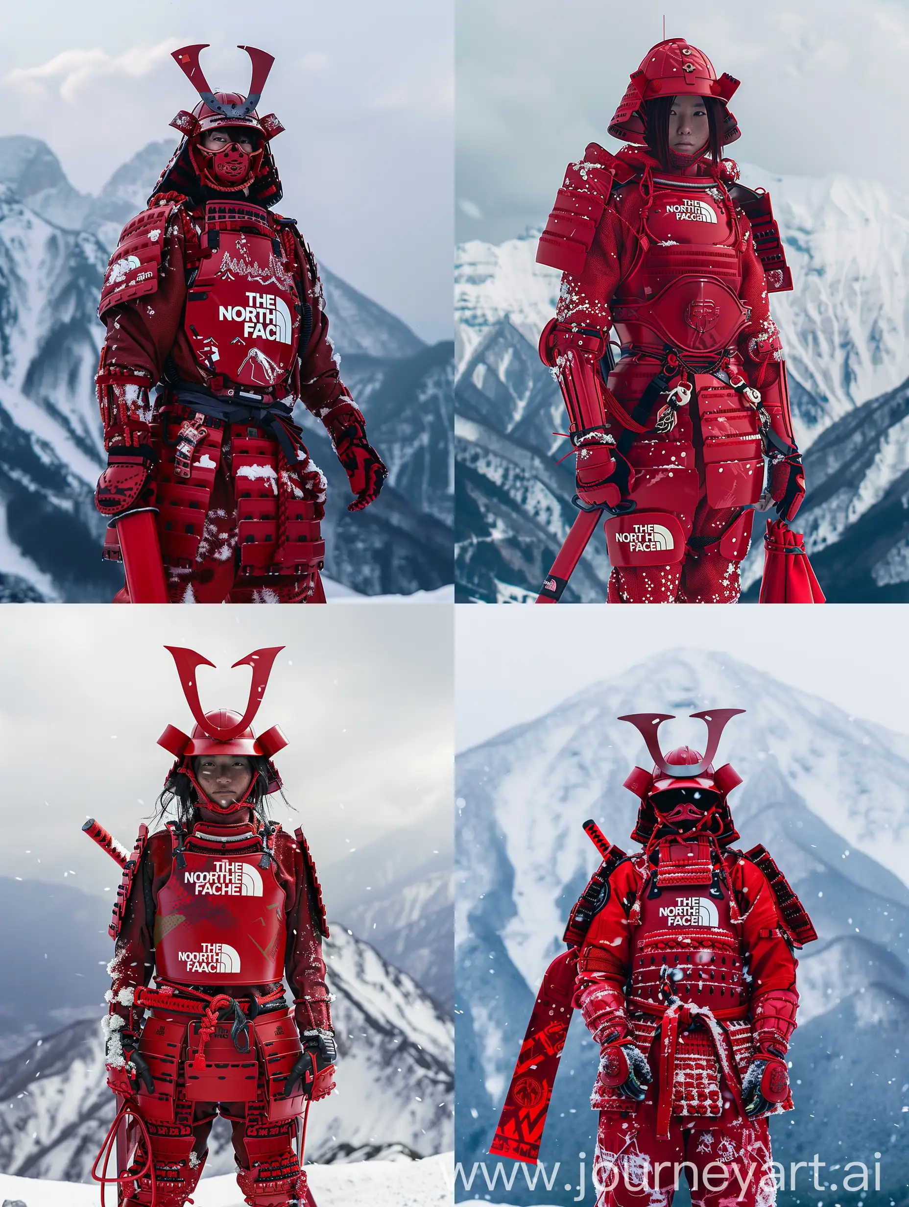 A person standing against a snowy mountainous background, wearing modernized red samurai-style armor with The North Face branding. The armor includes intricate detailing and protective gear, and the person holds a red sheathed sword.