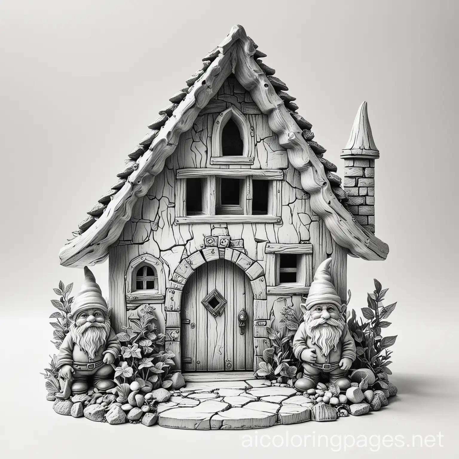 gnomes in their house, Coloring Page, black and white, line art, white background, Simplicity, Ample White Space