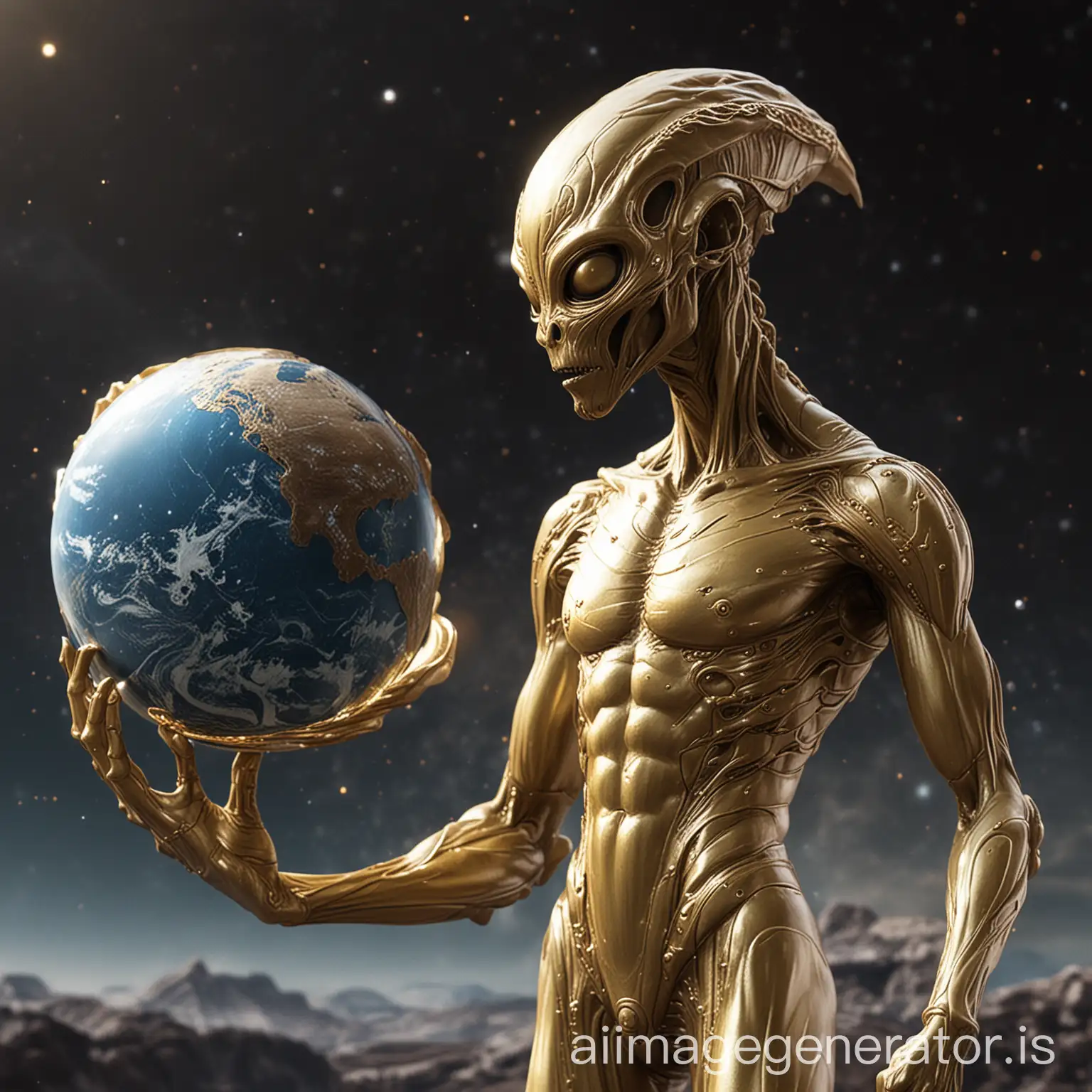 a golden statue of an alien holding a planet