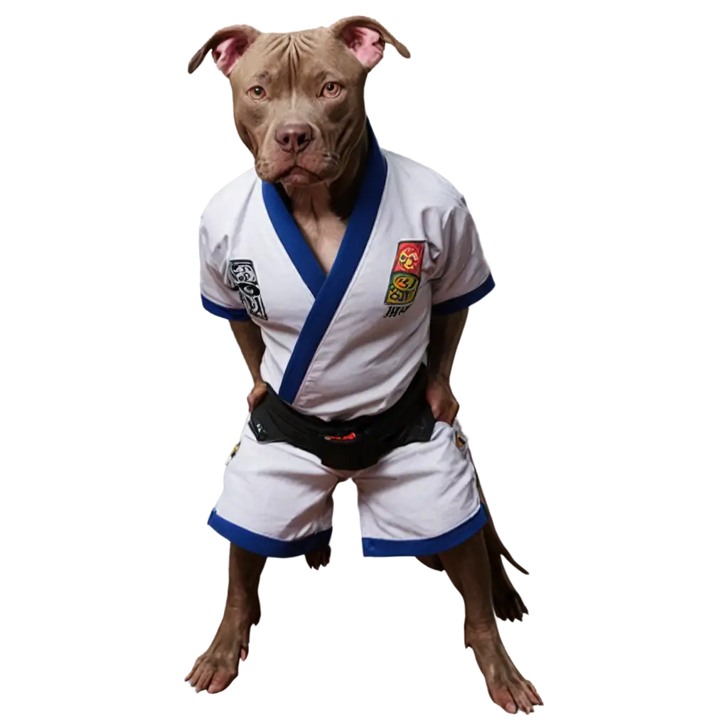 um pit bull de pe com kimono de jiu jitsu 