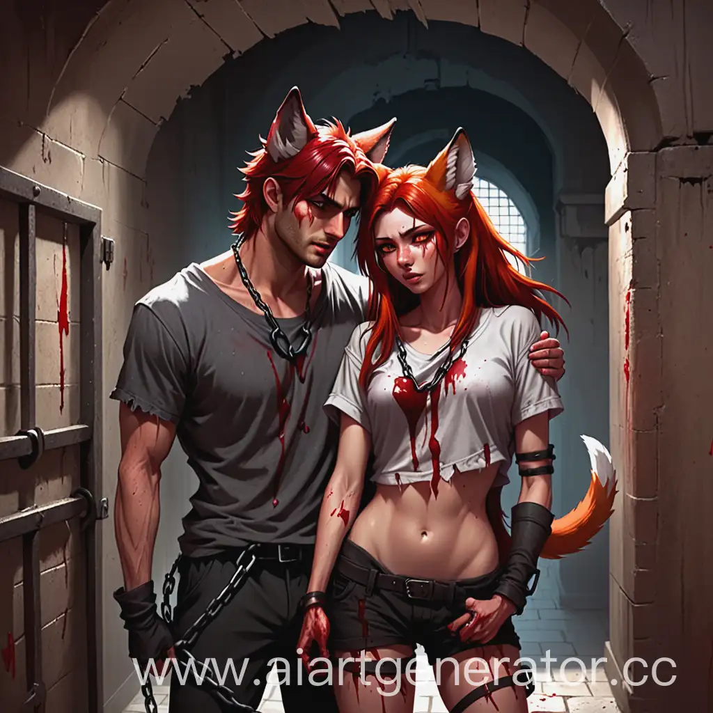 A hot guy with wolf ears and a tail, standing in an ancient prison cell. He's wearing a torn T-shirt and shackles on his wrists. Blood is flowing from the wound from the shoulder. A red-haired girl with fox ears and a tail in spy clothes is clinging to him from behind