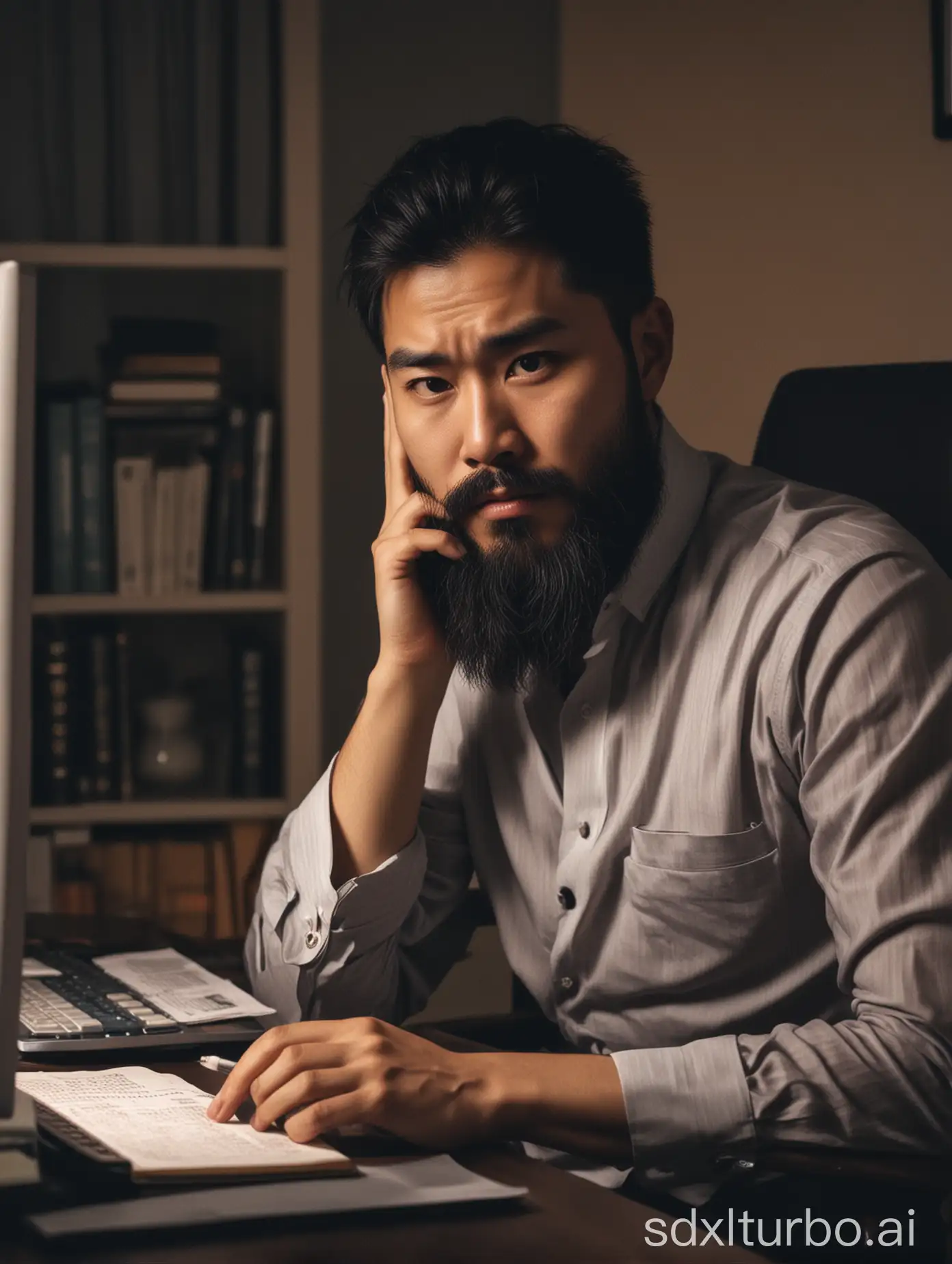 Extremely exhausted, in the study, decadent, beard, Asian, in front of the computer, sitting, at night