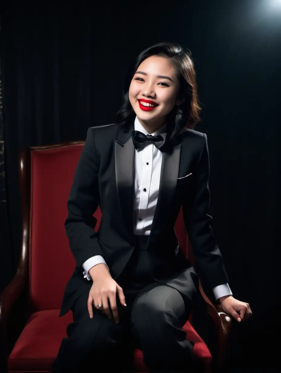 Elegant-Chinese-Woman-in-Tuxedo-Smiling-in-Dark-Room