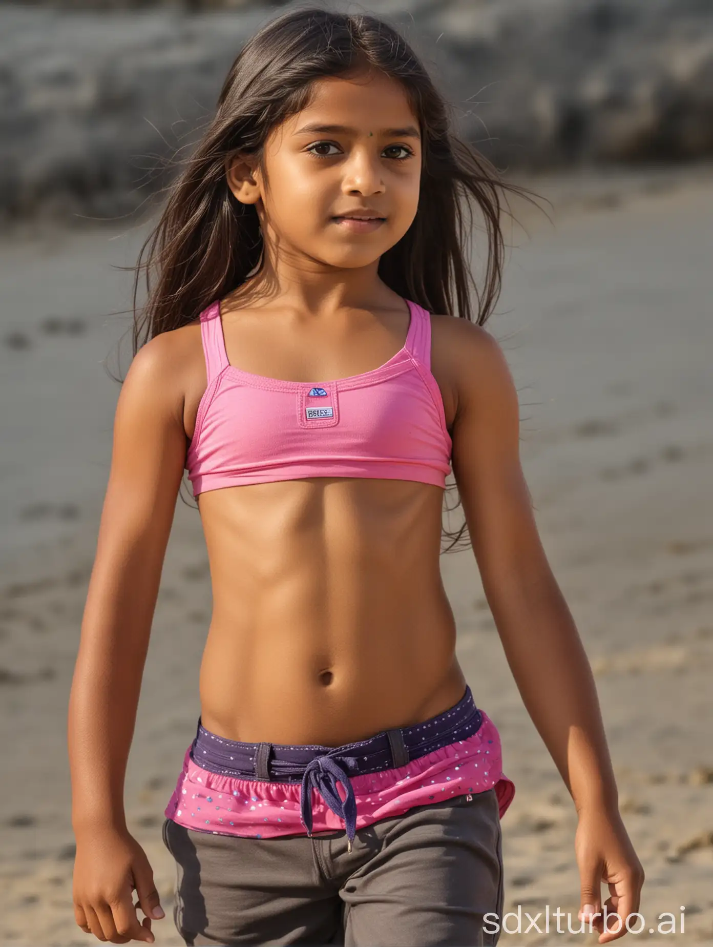 8 years old Indian girl, long hair, very muscular abs, flat chested, showing belly, beach in India