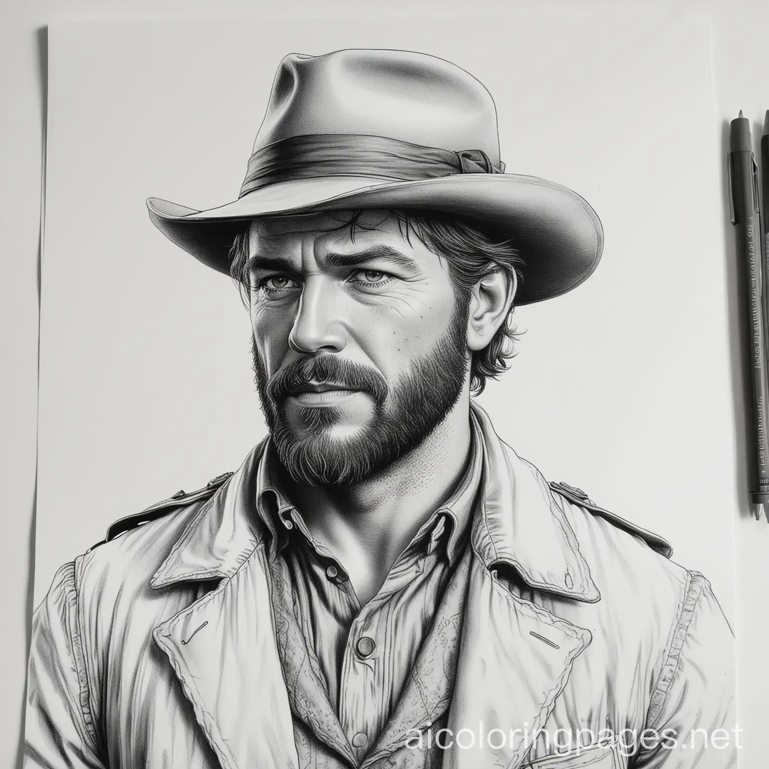 1899 Arthur Morgan in modern times, Coloring Page, black and white, line art, white background, Simplicity, Ample White Space. The background of the coloring page is plain white to make it easy for young children to color within the lines. The outlines of all the subjects are easy to distinguish, making it simple for kids to color without too much difficulty