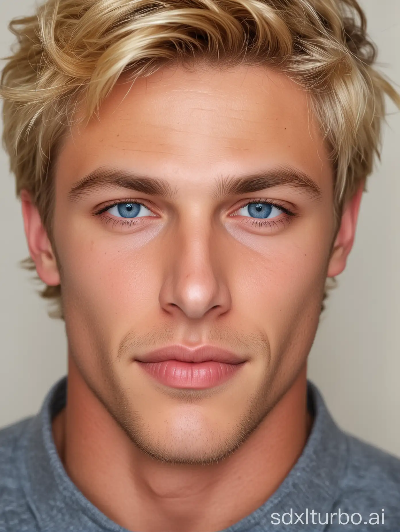 24 years  blonde hair Adonis  masculine happy face with sensual lips, blue eyes
