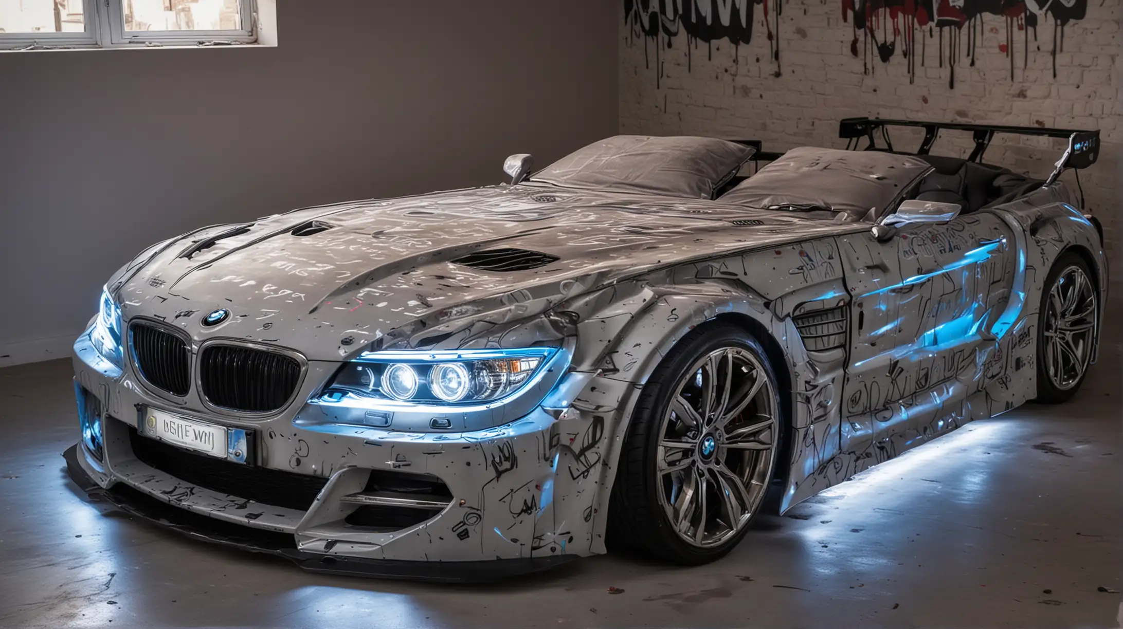Double bed in the shape of a BMW car with headlights on and RGB graffiti