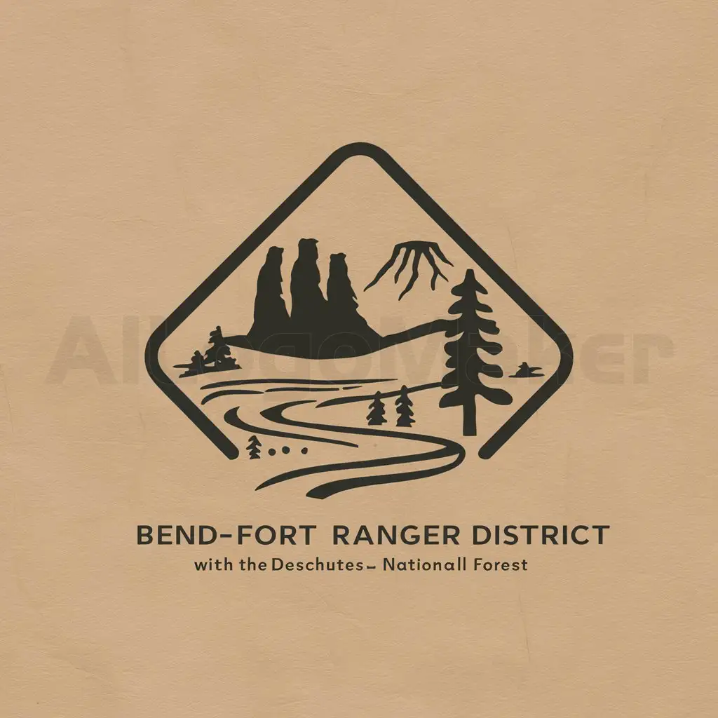 a logo design,with the text "Bend-Fort Rock Ranger District, Deschutes National Forest.", main symbol:Design a logo featuring the silhouette of the Three Sisters and Broken Top volcanoes in Oregon, with the Deschutes River, Lava River Cave, and a conifer tree. Incorporate these elements within a diamond or badge shape. This logo represents the Bend-Fort Rock Ranger District in the Deschutes National Forest.,Minimalistic,clear background