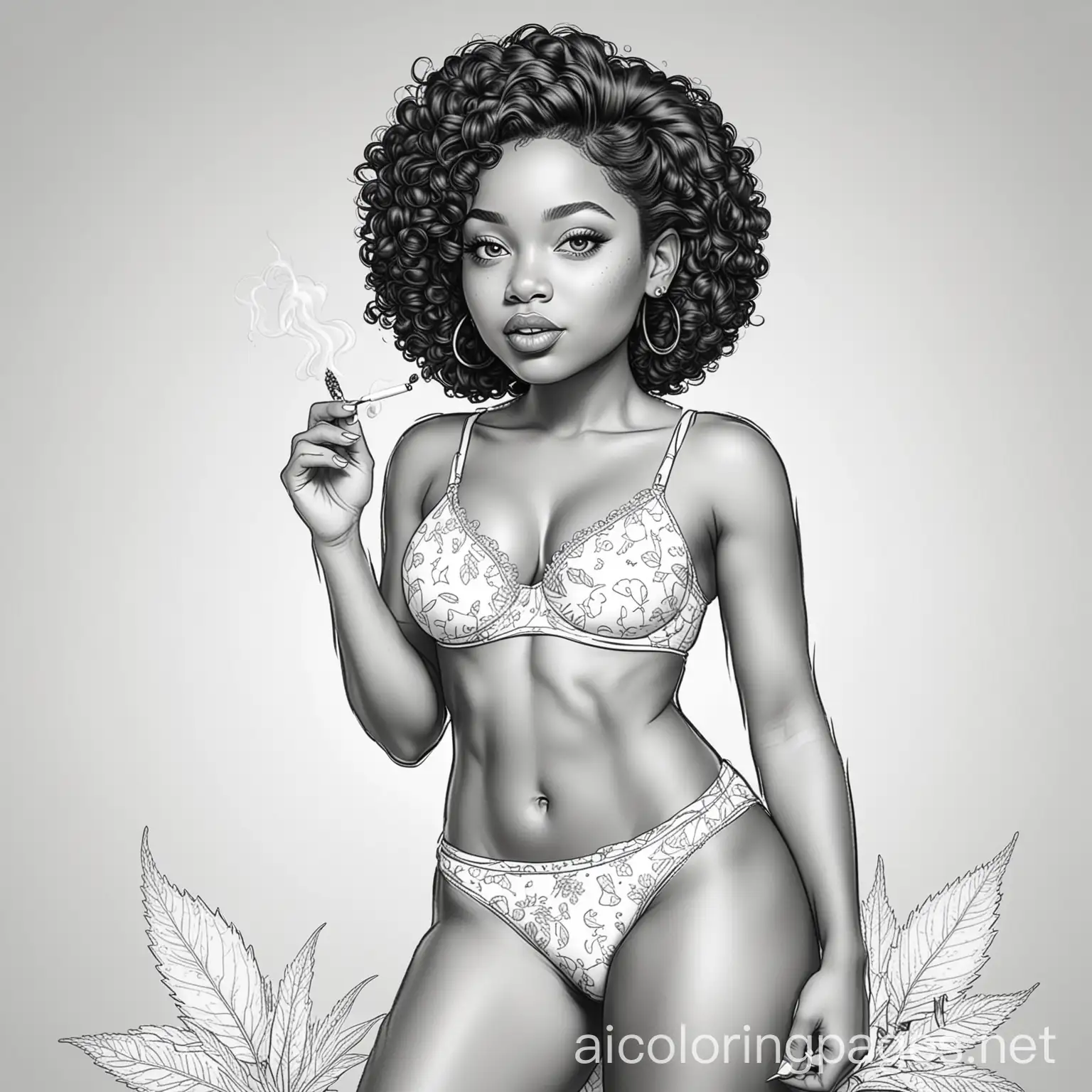 black girl smoking weed in underwear, Coloring Page, black and white, line art, white background, Simplicity, Ample White Space. The background of the coloring page is plain white to make it easy for young children to color within the lines. The outlines of all the subjects are easy to distinguish, making it simple for kids to color without too much difficulty