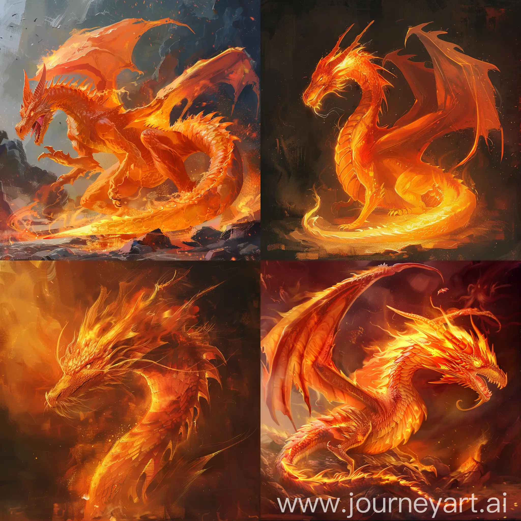 An orange dragon with a red flame