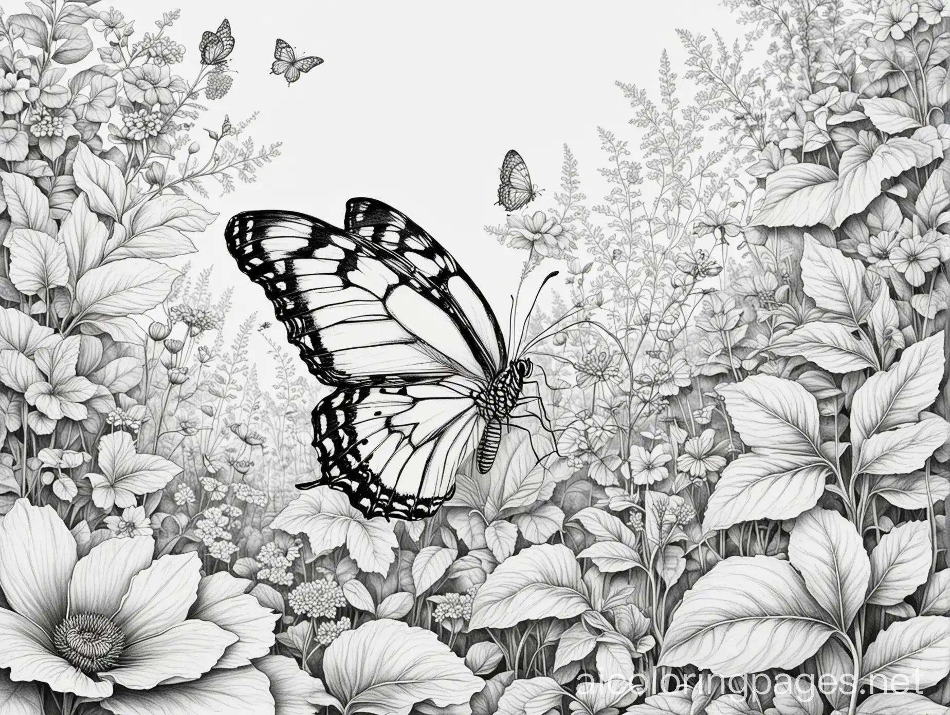 butterfly in the garden, Coloring Page, black and white, line art, white background, Simplicity, Ample White Space. The background of the coloring page is plain white to make it easy for young children to color within the lines. The outlines of all the subjects are easy to distinguish, making it simple for kids to color without too much difficulty