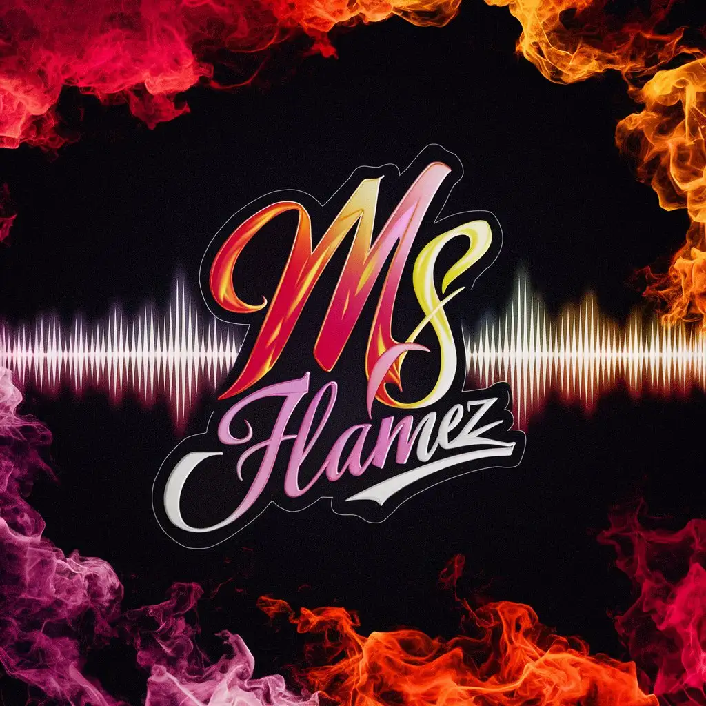 text, MsFlamez,white outline, Pink, red,purple, yellow, orange,sexy, soundwaves, in cursive, soundwaves, fire,flames