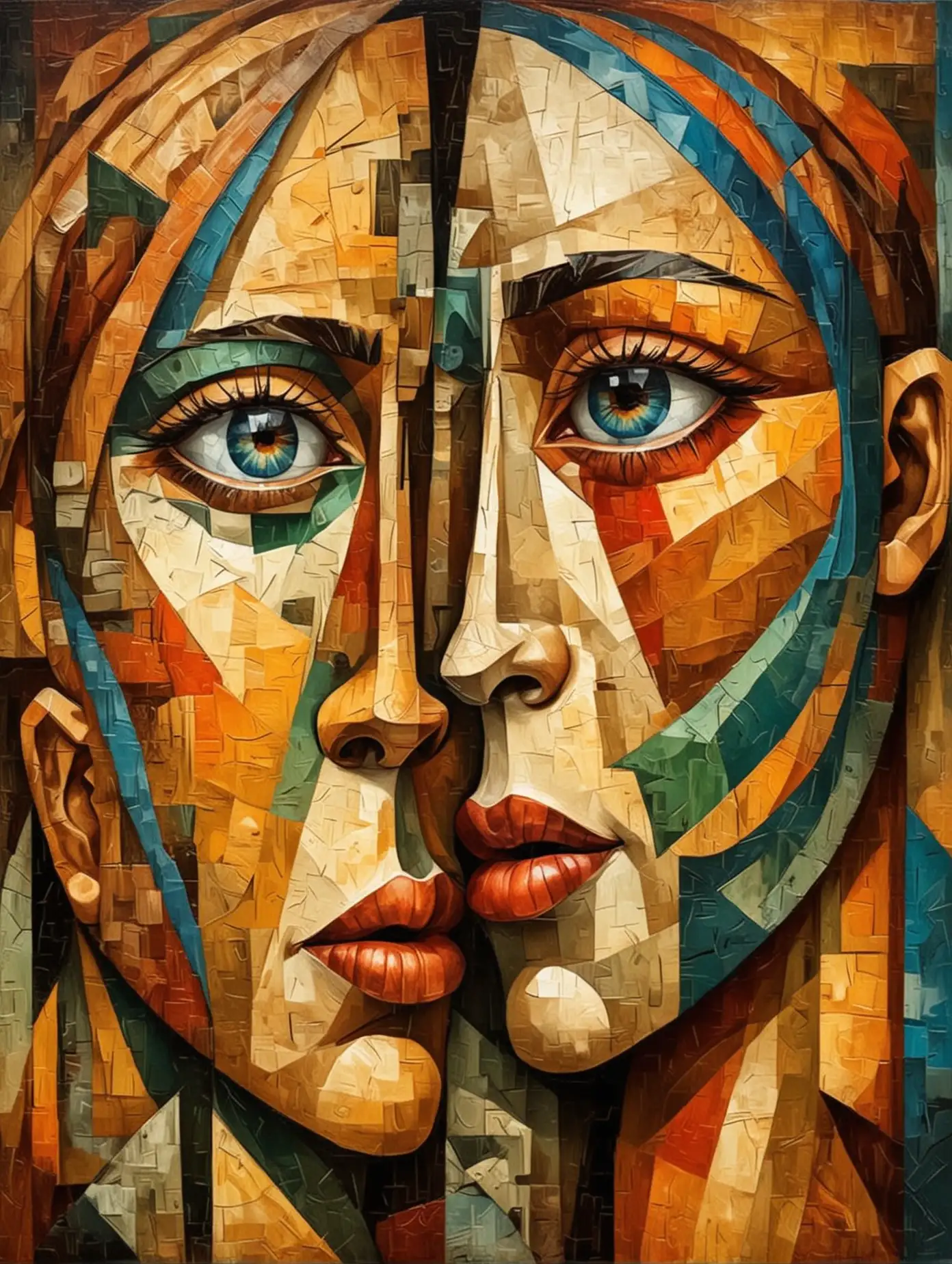 Intimate Cubist Embrace Harmonious Geometric Faces in Abstract Art