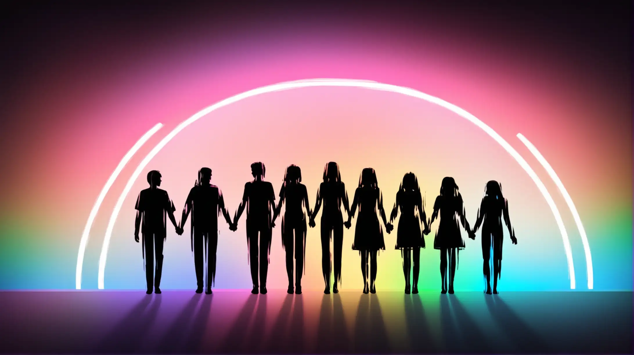 An image of silhouettes of people holding hands and raising them together with a neon pride rainbow backdrop. It should include the colors black, brown, and the trans light blue, pink, white, pink, and light blue. 