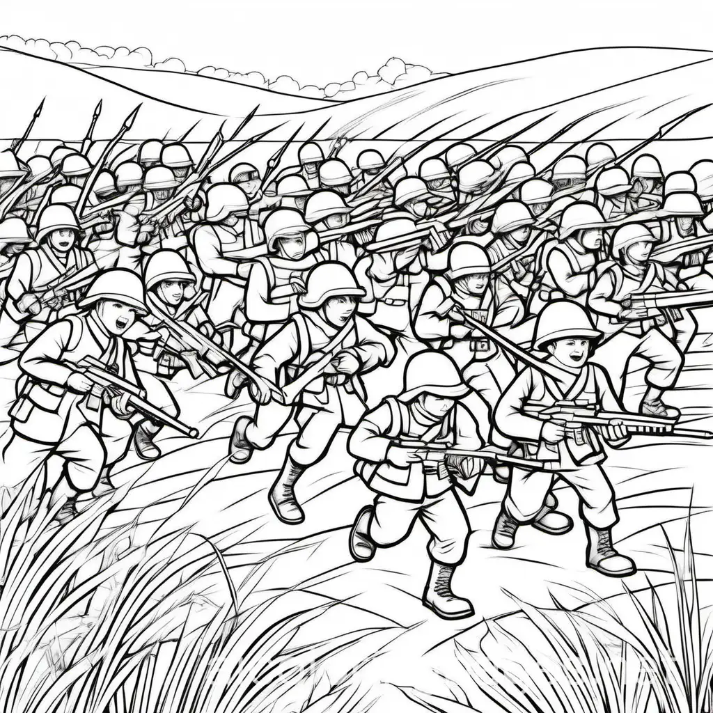a battle field with soldiers fighting, Coloring Page, black and white, line art, white background, Simplicity, Ample White Space. The background of the coloring page is plain white to make it easy for young children to color within the lines. The outlines of all the subjects are easy to distinguish, making it simple for kids to color without too much difficulty