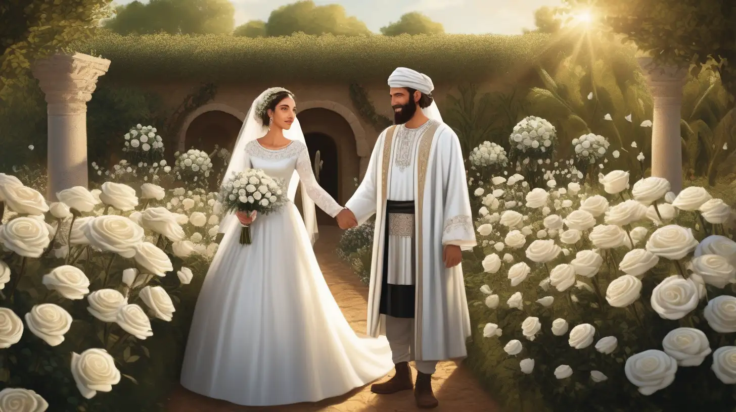 epoque biblique, un homme hébreu en habit hébreu d'époque et une femme hébreu se marient sous le daie nuptial, beaux visages détaillés, robe de mariée manches longues, des roses blanches, dans un jardin