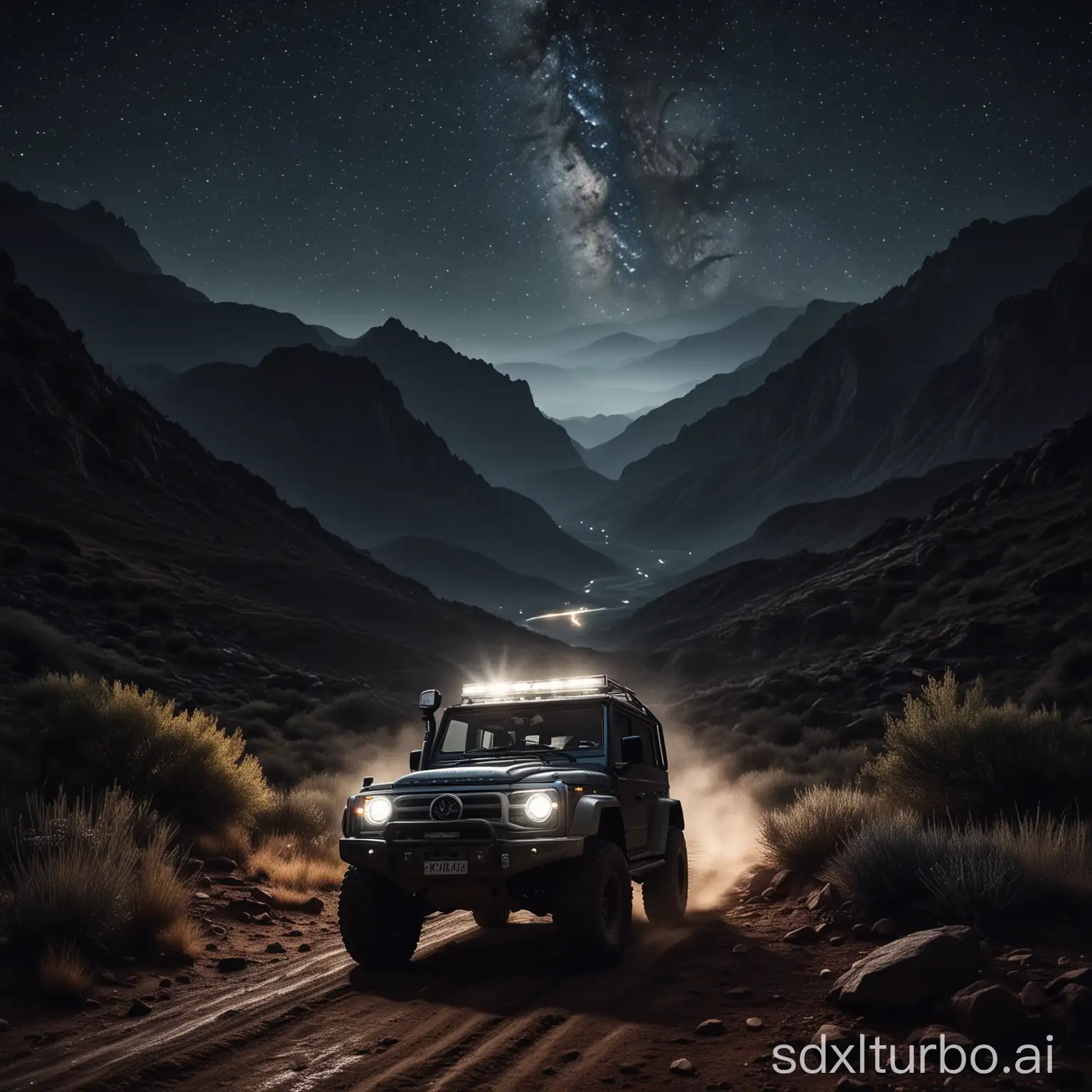 https://yxaiimgs.oss-cn-shenzhen.aliyuncs.com/uploads/images/20240501/202405011735371fb386781.jpg Under the starry sky, a off-road vehicle is traversing in the distance. The headlights draw two straight lines, illuminating the far-off area. The background is comprised of mountains, and the lighting is in dark tones, highlighting the details and textures.