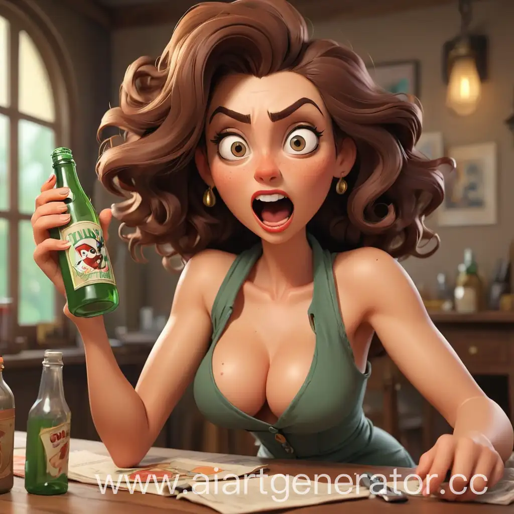 Playful-Cartoon-Woman-Holding-Bottle-at-Table