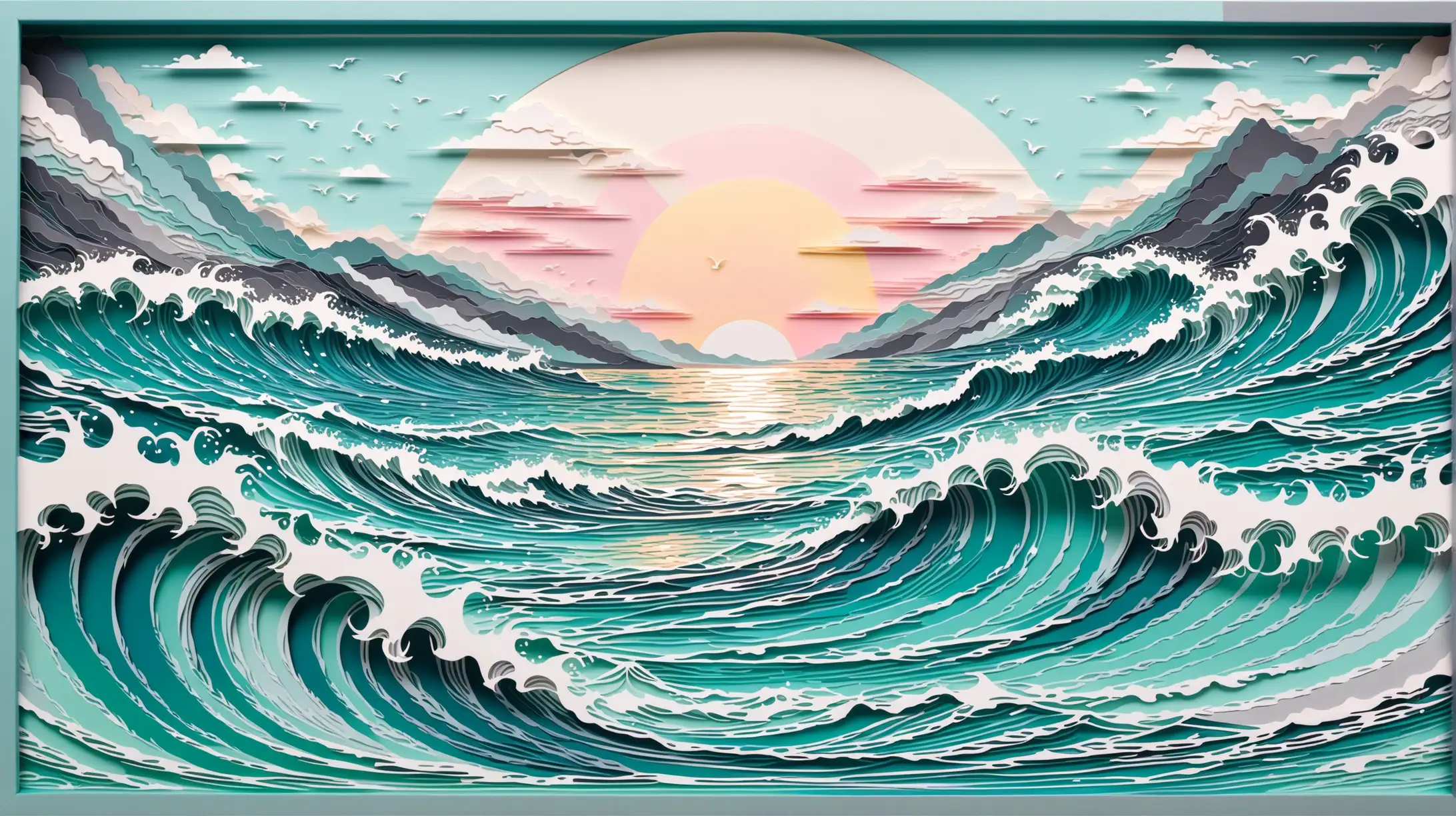 Ocean Wave Panorama LaserCut Paper Illustration in Pastel Colors