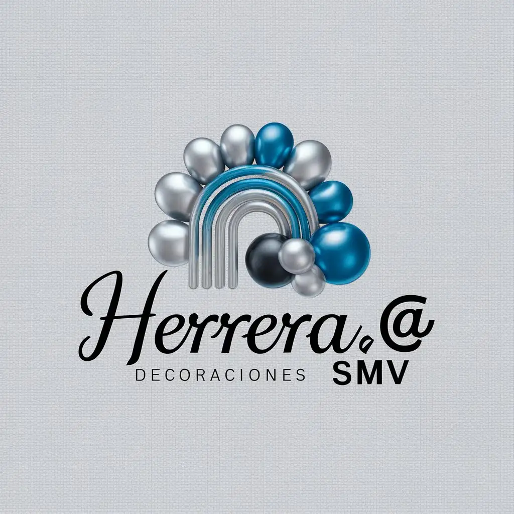 a logo design,with the text "Herrera.@  , Decoraciones SMV", main symbol:un Arco de Globos Plateados, azules, and negros in the back part of the name. 'Herrera'.@ in cursive letters and 'Decorations SMV' in print letters,Minimalistic,clear background