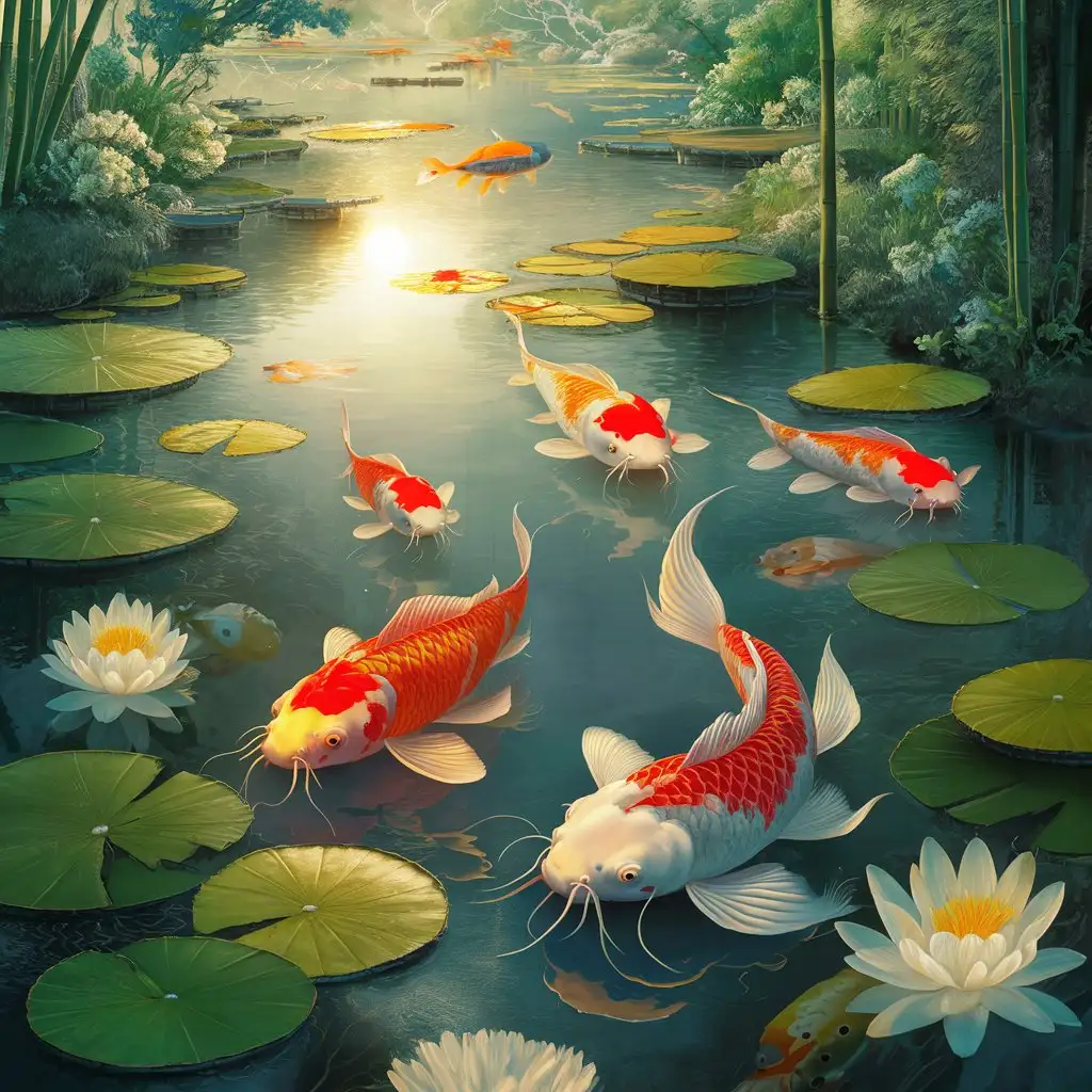 A serene koi pond with fish swimming among lily pads.