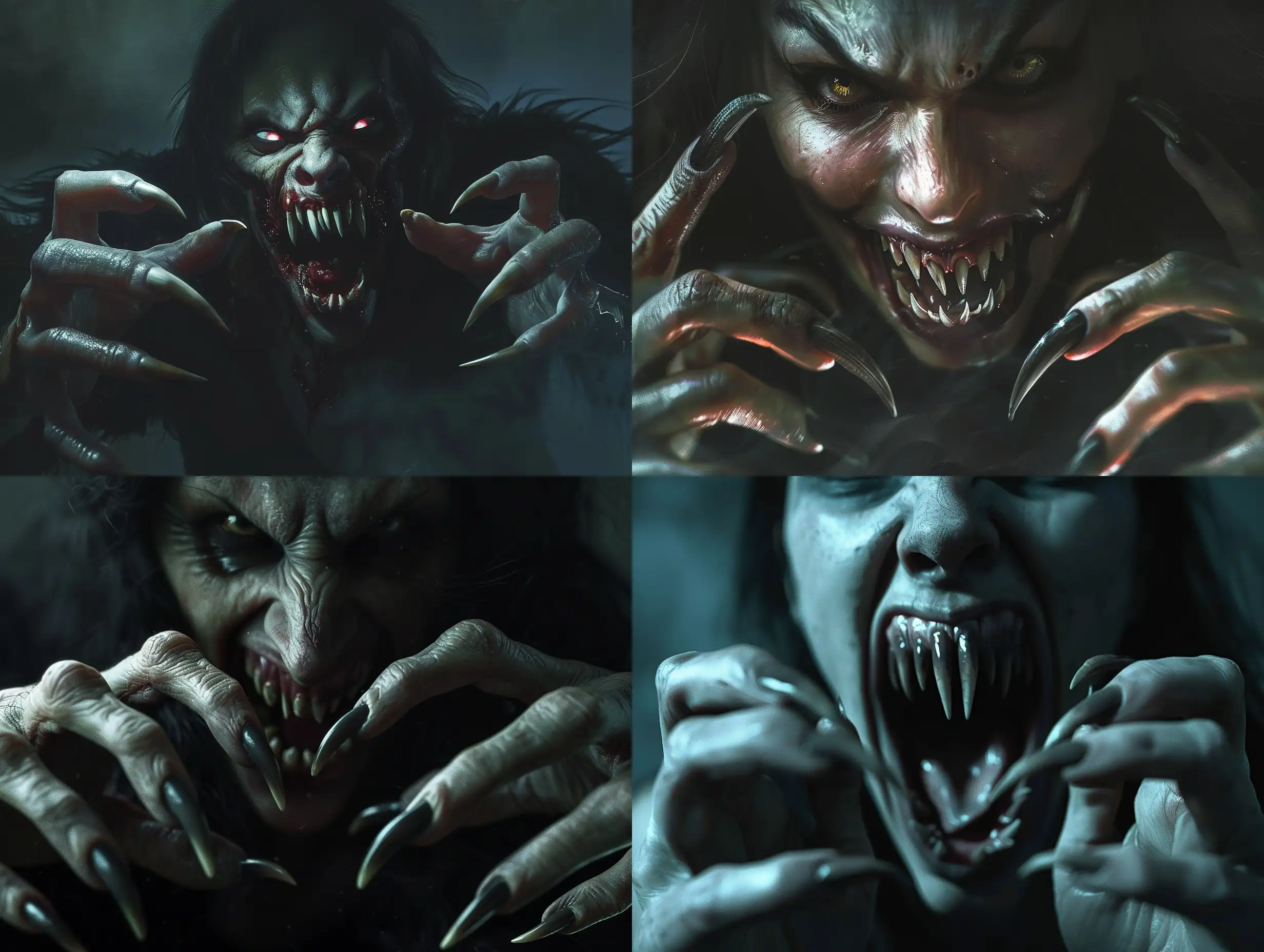 Photorealism nightmare scene of a monstrous female vampire with long, curved, pointed nails, exuding an aggressive and terrifying presence. Her pointed, crooked teeth form a scary expression amidst a dark and atmospheric setting. The high-quality depiction should capture the aggressive attack, emphasizing her predatory fangs and detailed nails in a hyper-realistic manner. The lighting should contribute to the horror atmosphere, ensuring a full-body portrayal with realistic hyper-detail. The character design should convey a playful yet menacing quality, with full anatomical accuracy including distinctly human hands with five fingers. The final image must be very clear without flaws, portraying the vampire with unparalleled photorealism.