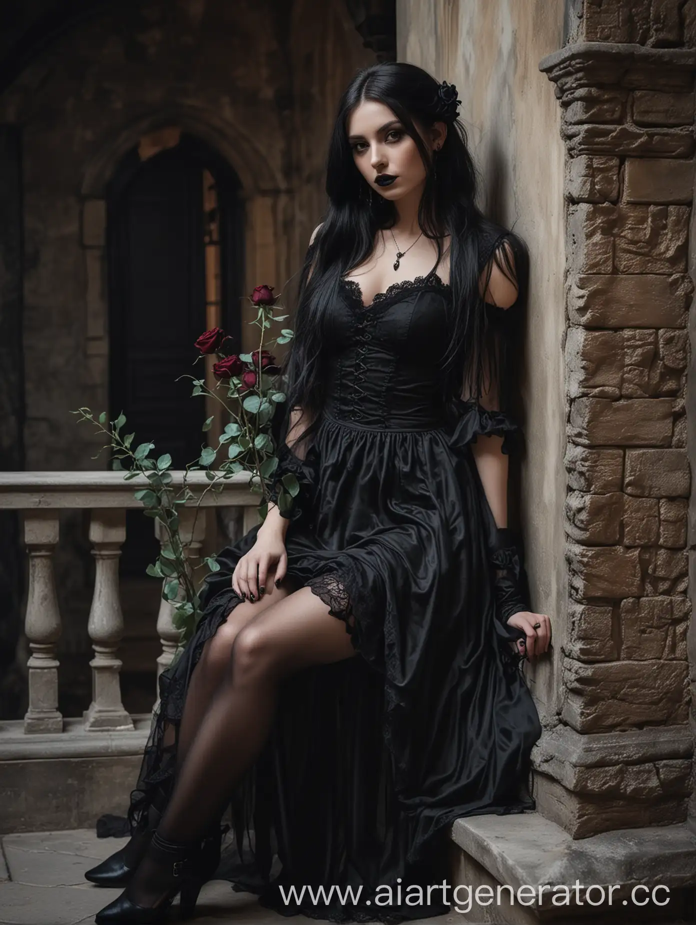 Portrait of a beautiful hot seductress girl fashion Goth model Sitting with black roses bouquet , sexy pose, long black hair, silky short dresses, seemed stockings, gothic old castle balcony, dark aesthetic 