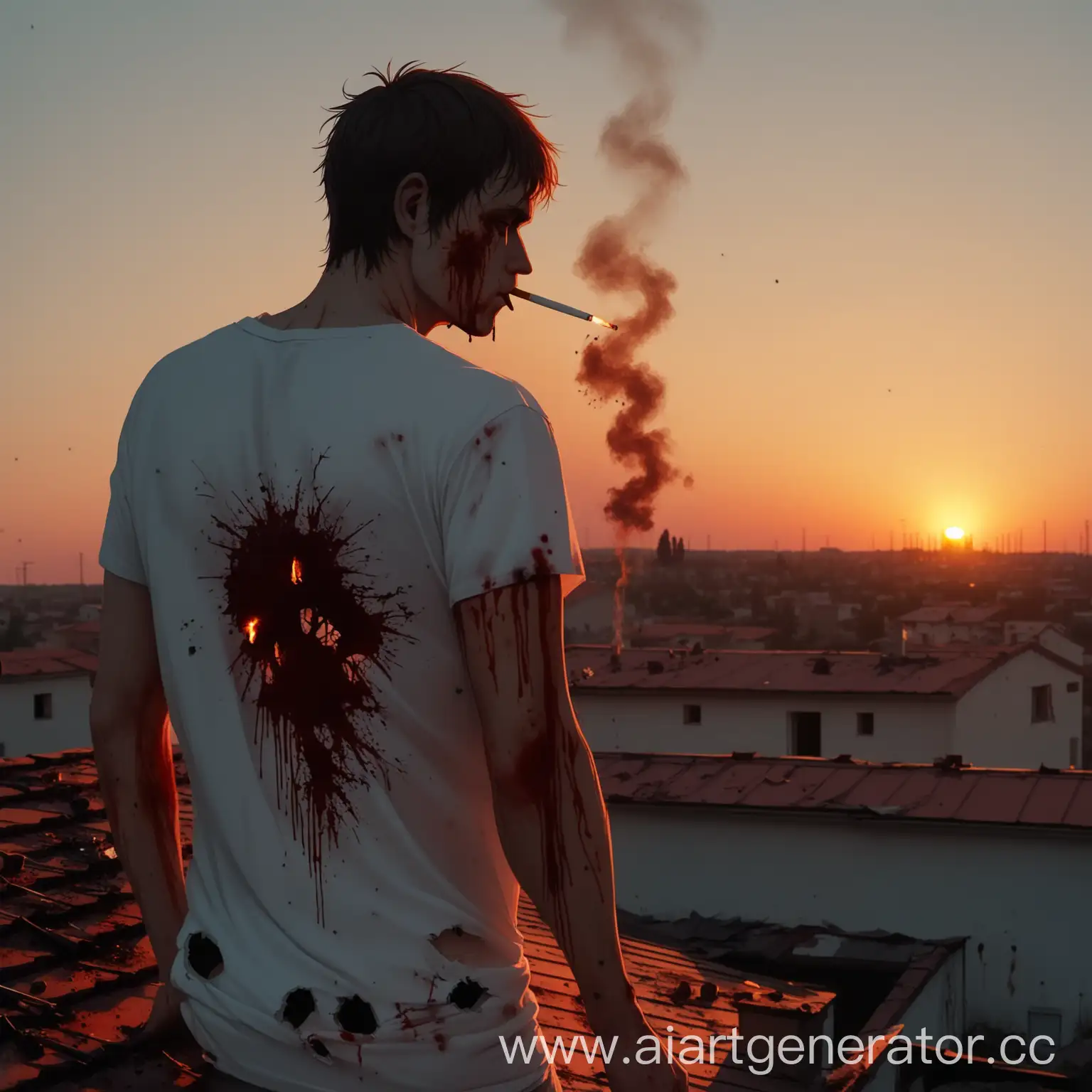 Urban-Sunset-Man-Smoking-on-Rooftop-with-Bullet-Holes