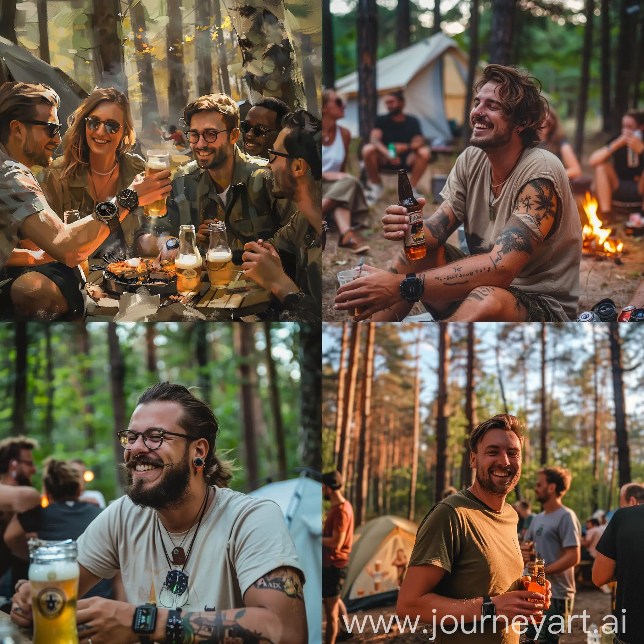 Summer. Danila celebrates his birthday with friends in the forest with tents and barbecue. On his hand is a Galaxy watch 7 ultra. Beer and rum cola flow like a river. Everyone is laughing