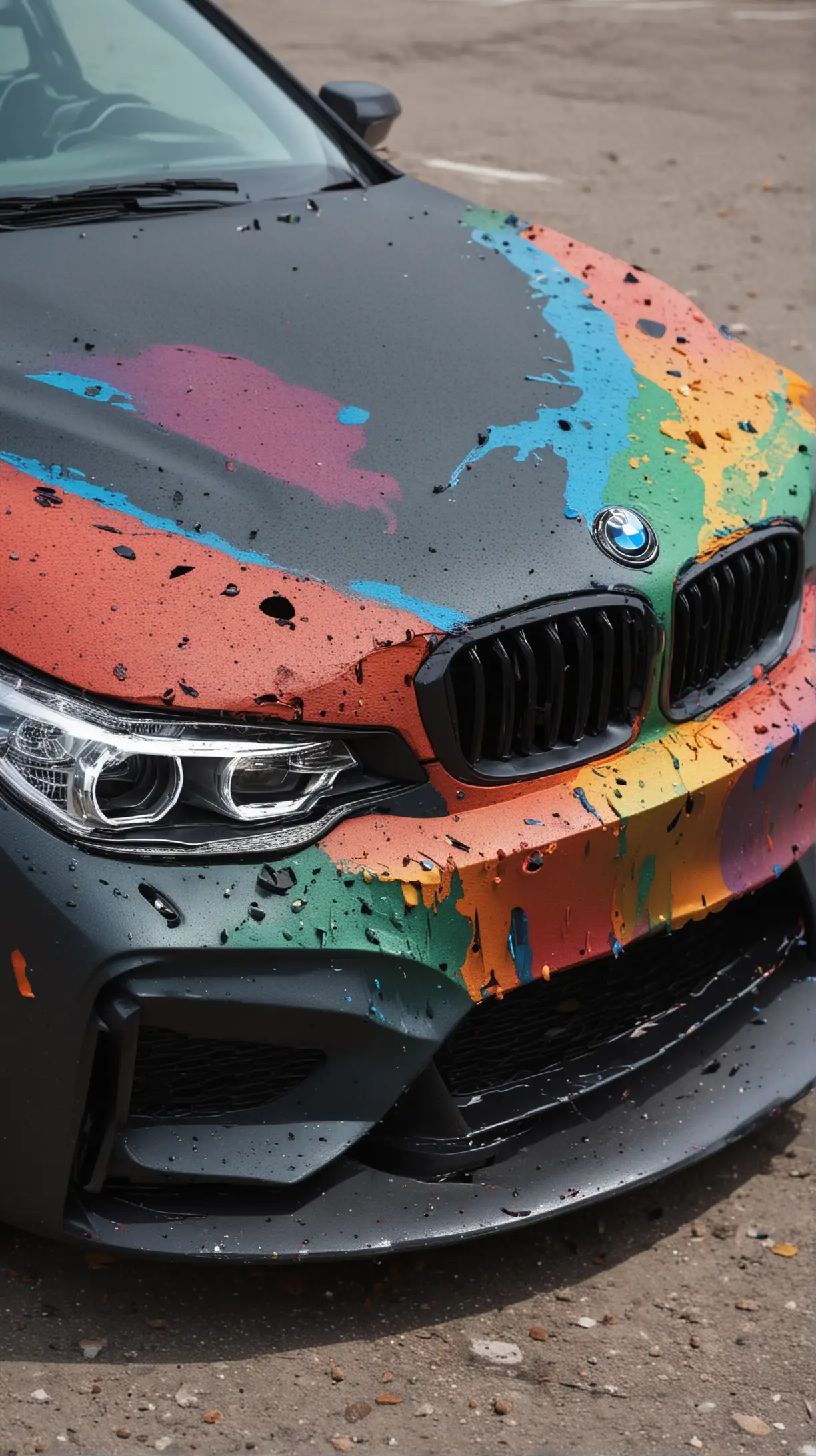 Vibrant Paint Splatter Adorning Illuminated BMW Car