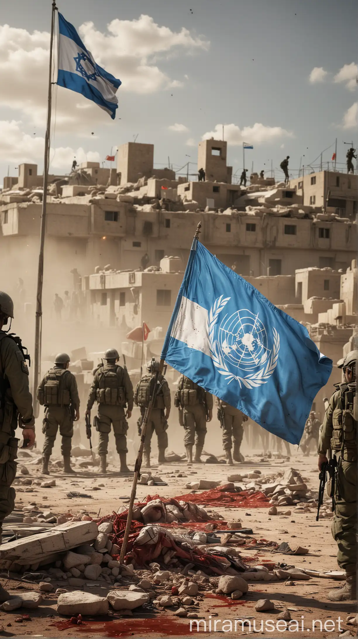 Erstelle ein fotorealistisches Bild mit der UNO-Flagge im Vordergrund. Zeige im Hintergrund eine Szene mit israelischen Soldaten, israelische Flagge und blutenden Kindern.